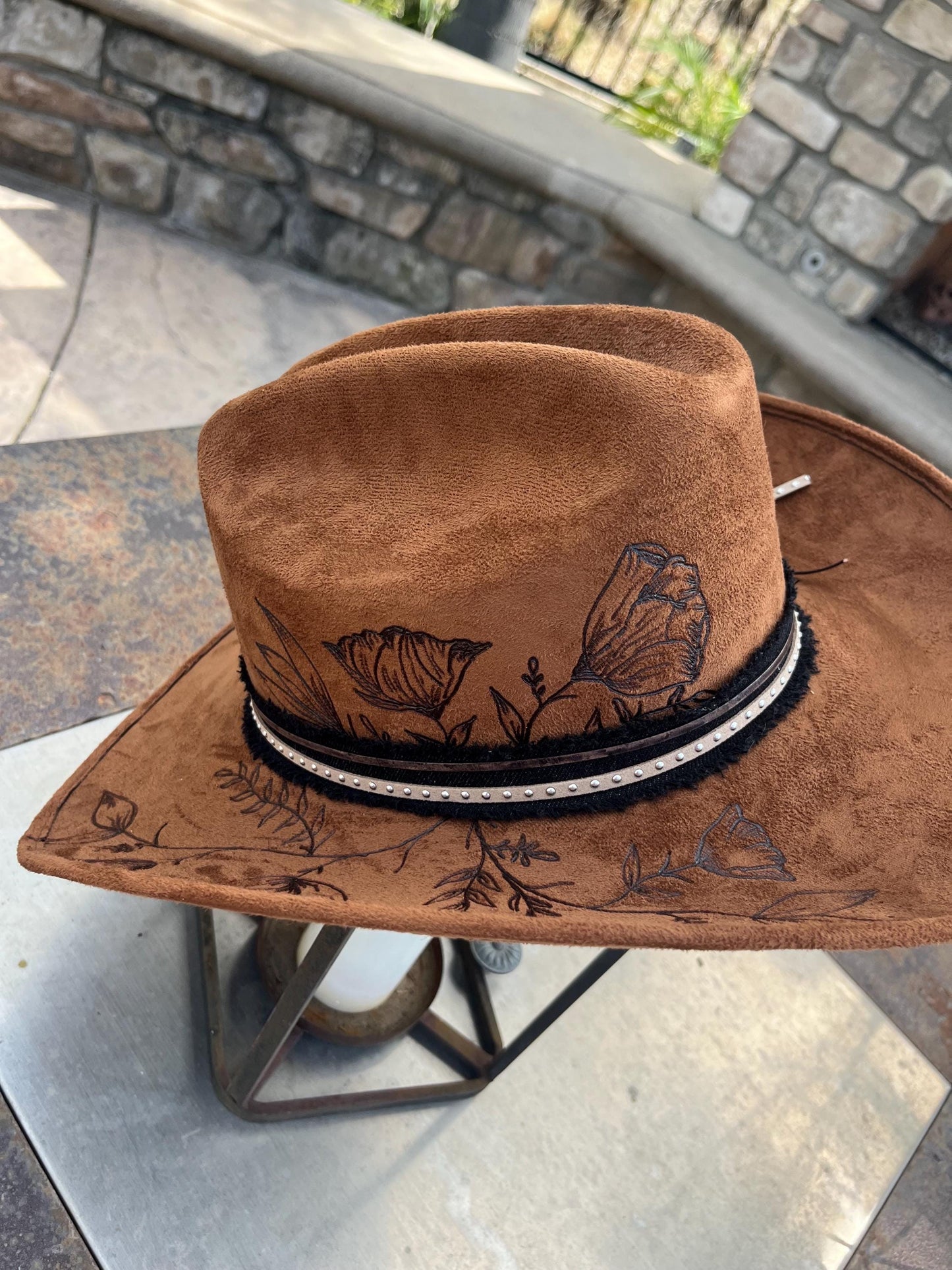 Brown suede hand burned western cowboy hat