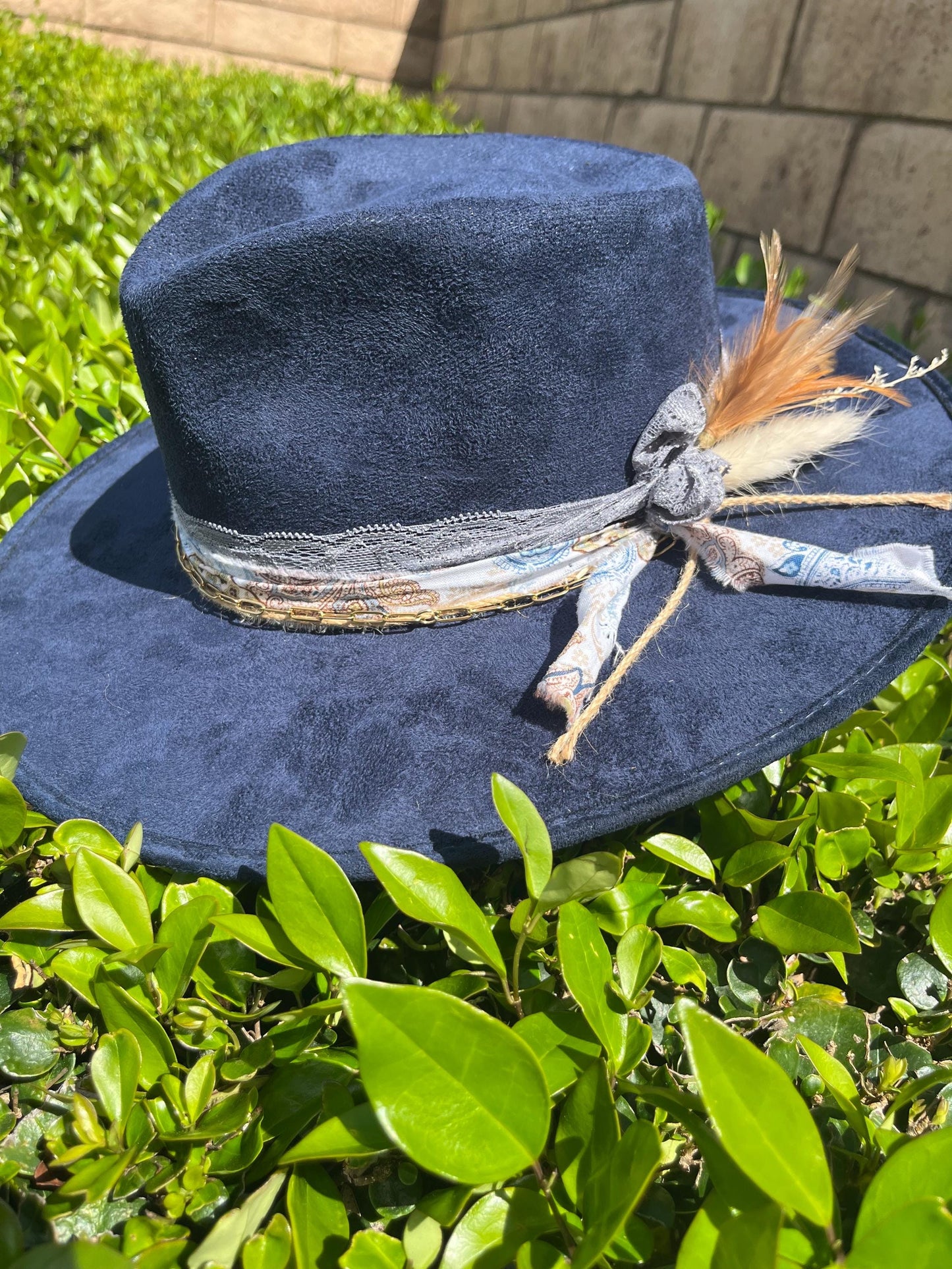 Navy blue suede flat brim western cowboy hat