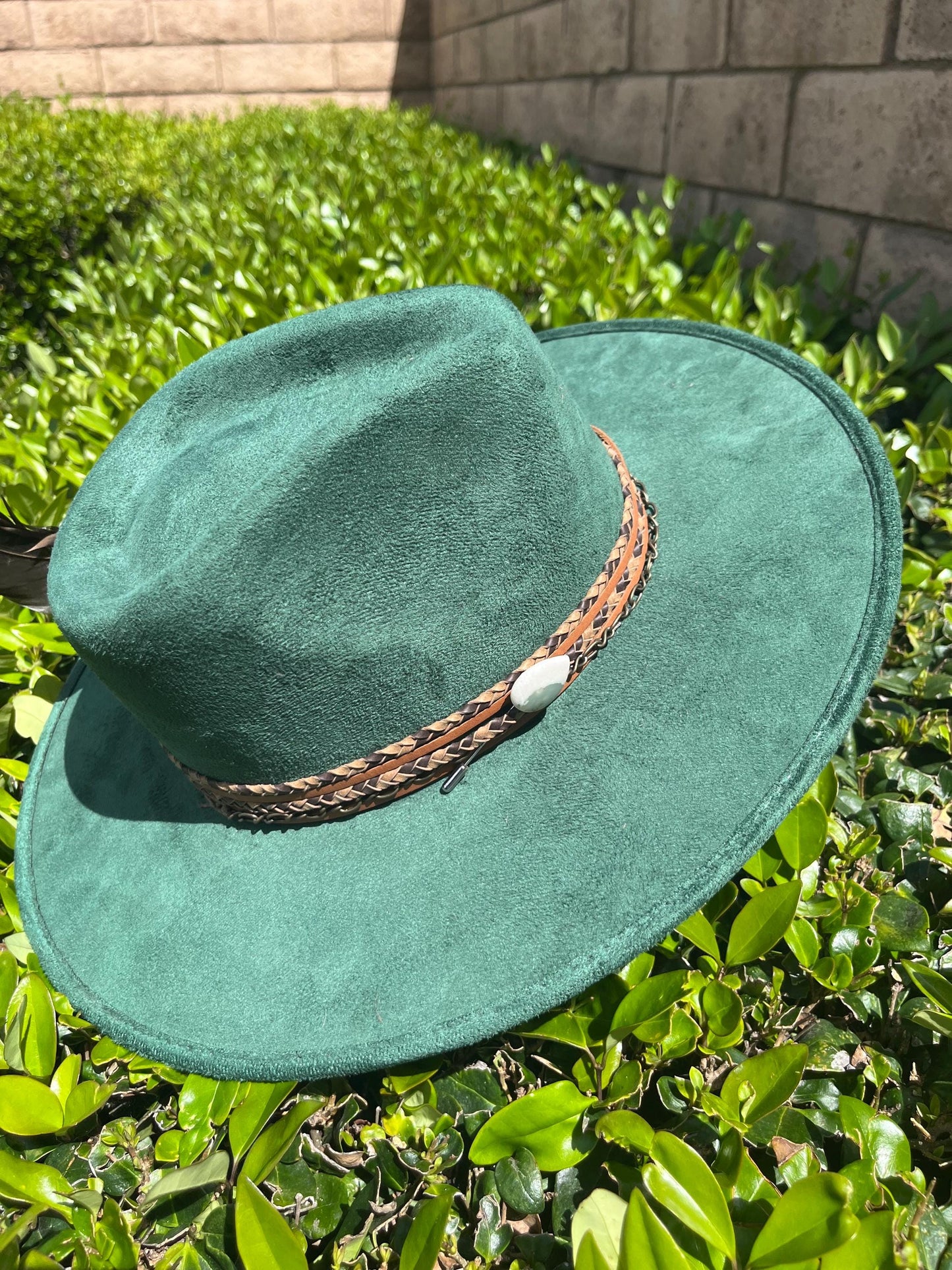 Emerald green branded suede flat brim western cowboy hat