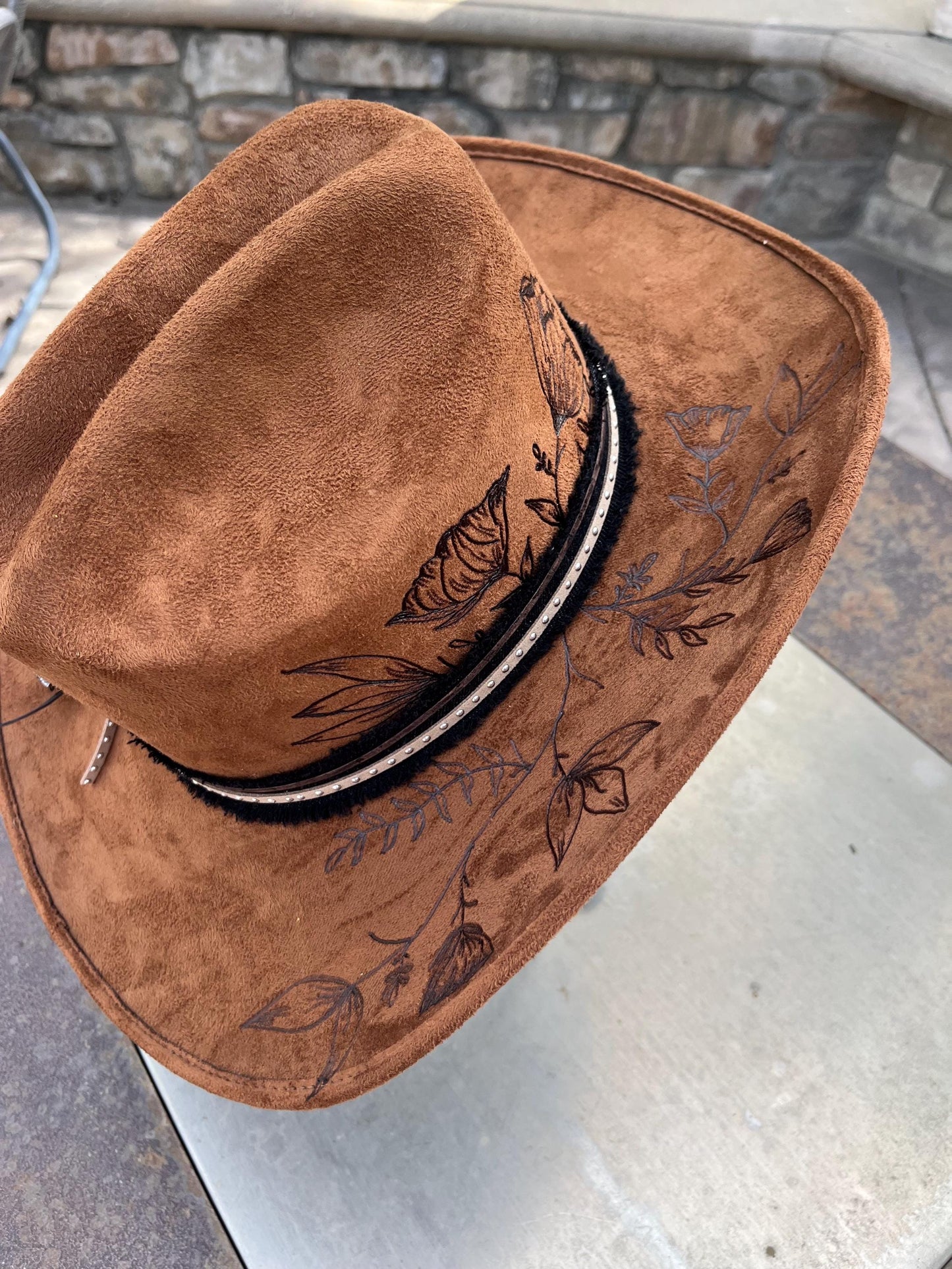 Brown suede hand burned western cowboy hat
