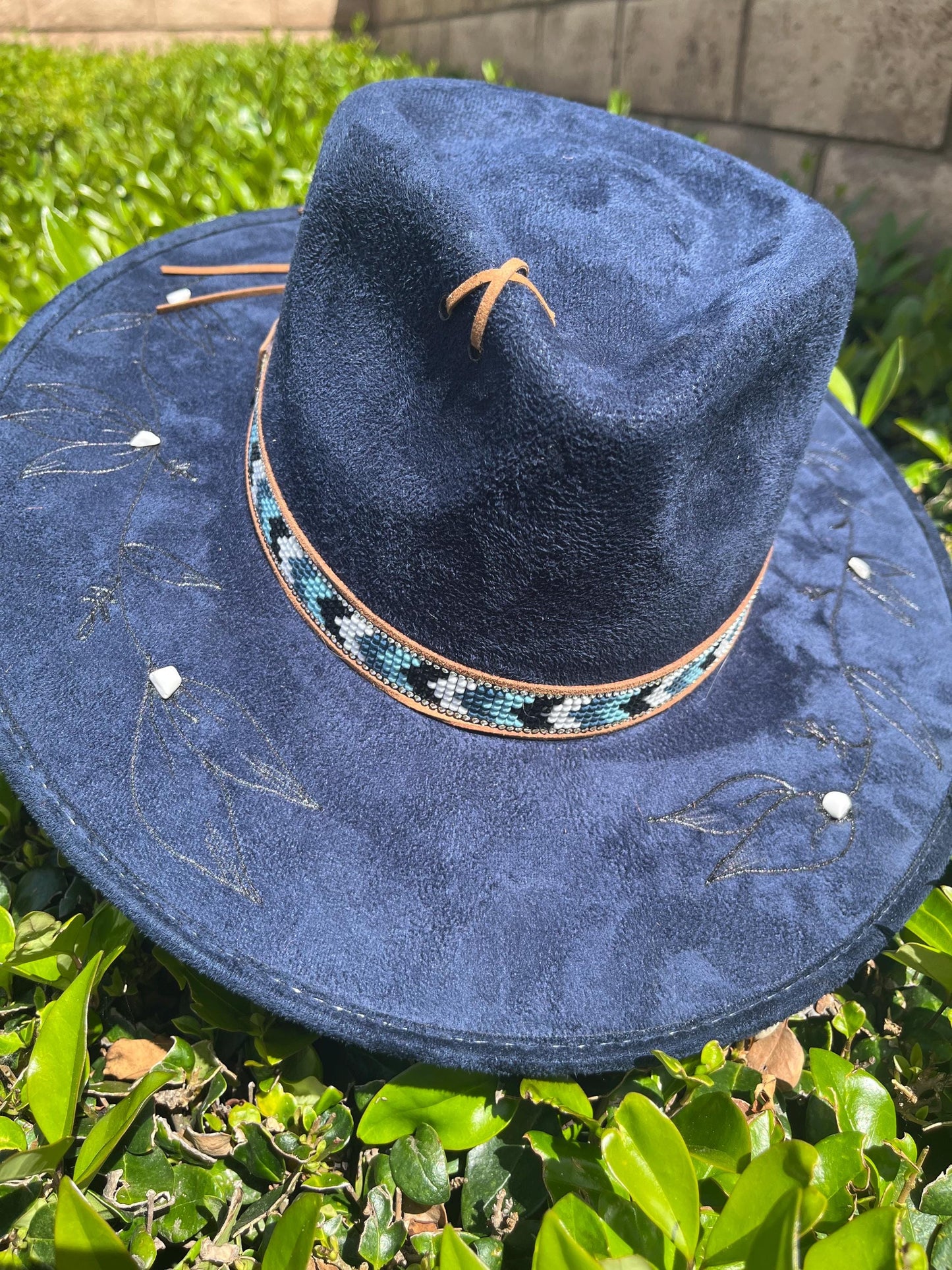 Navy blue burned flat brim western cowboy hat