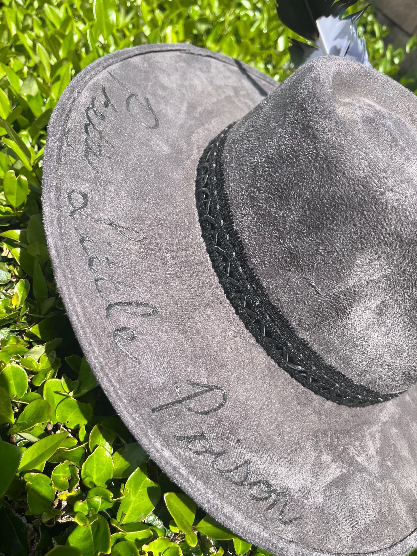 Grey suede hand burned pretty little poison flat brim western cowboy hat