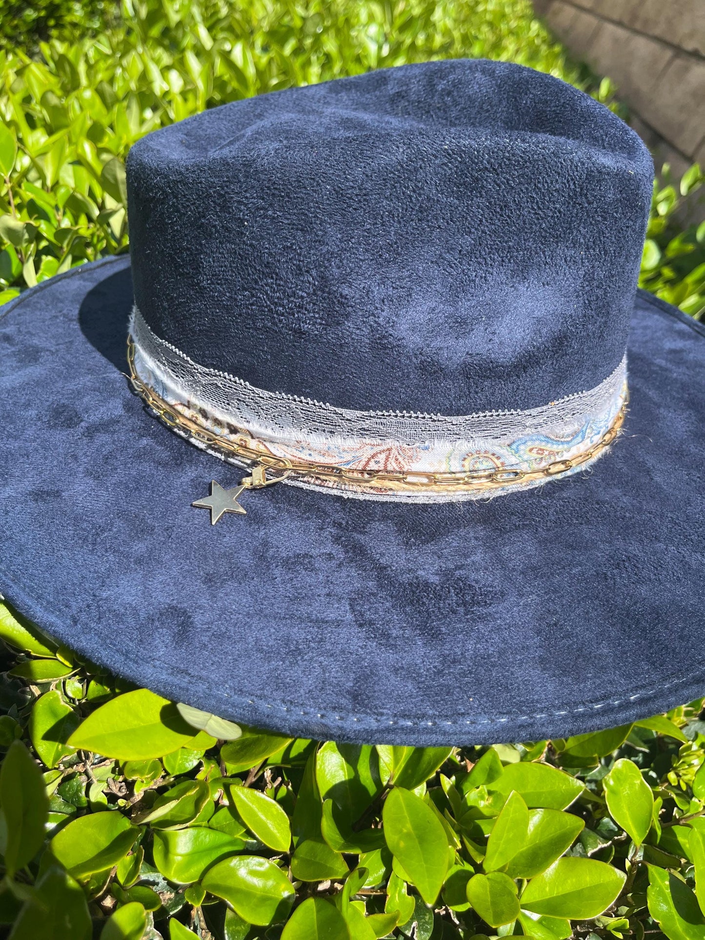 Navy blue suede flat brim western cowboy hat