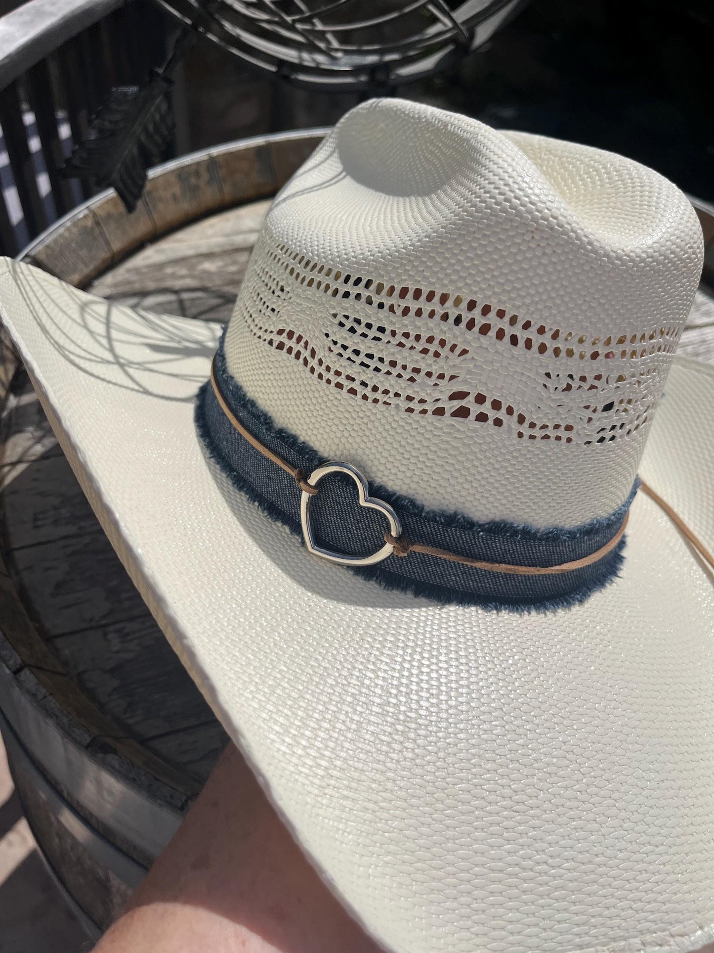 western cowboy hard straw hat with dark blue denim band