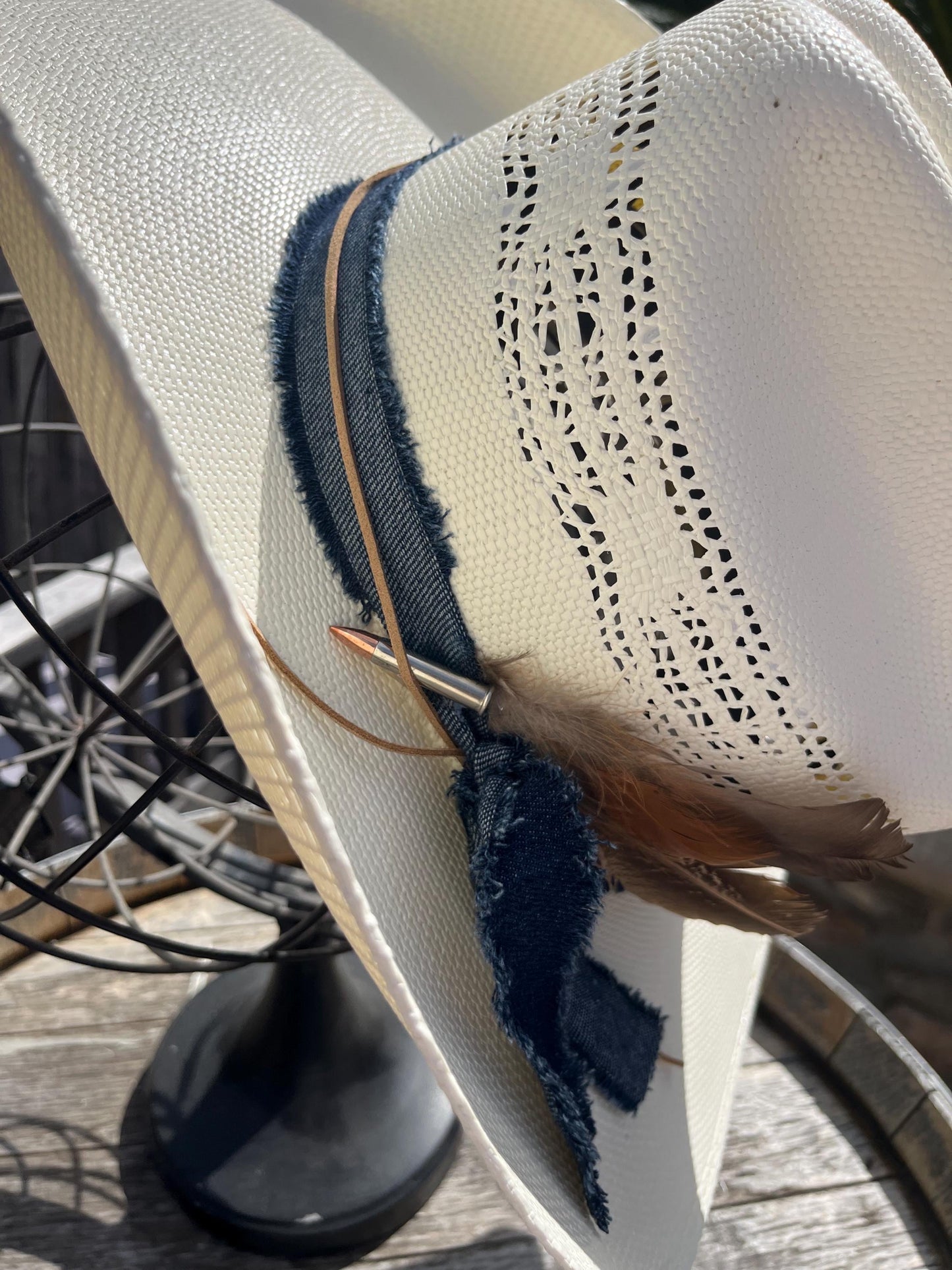 western cowboy hard straw hat with dark blue denim band