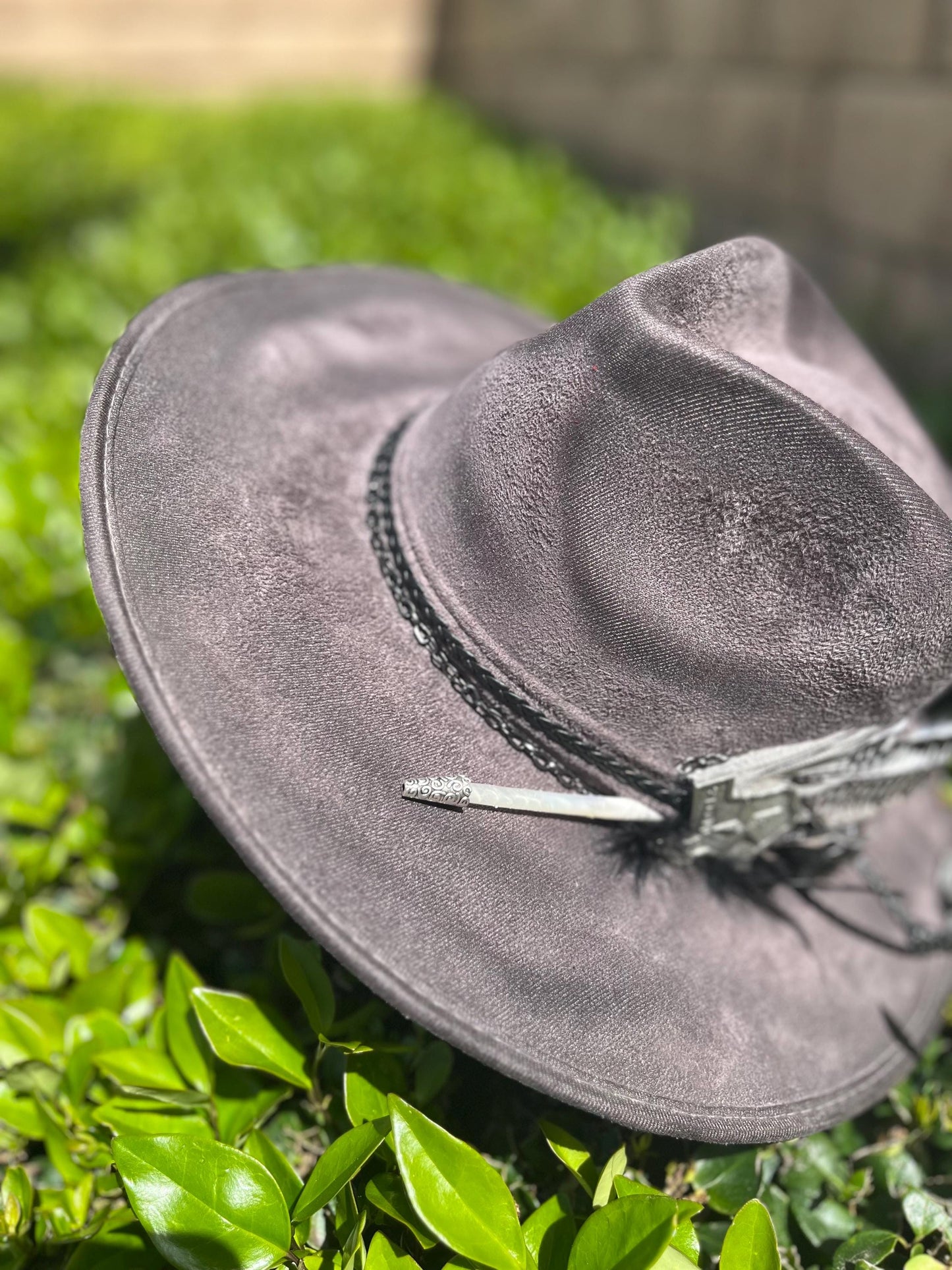 Grey suede hand burned pretty little poison flat brim western cowboy hat