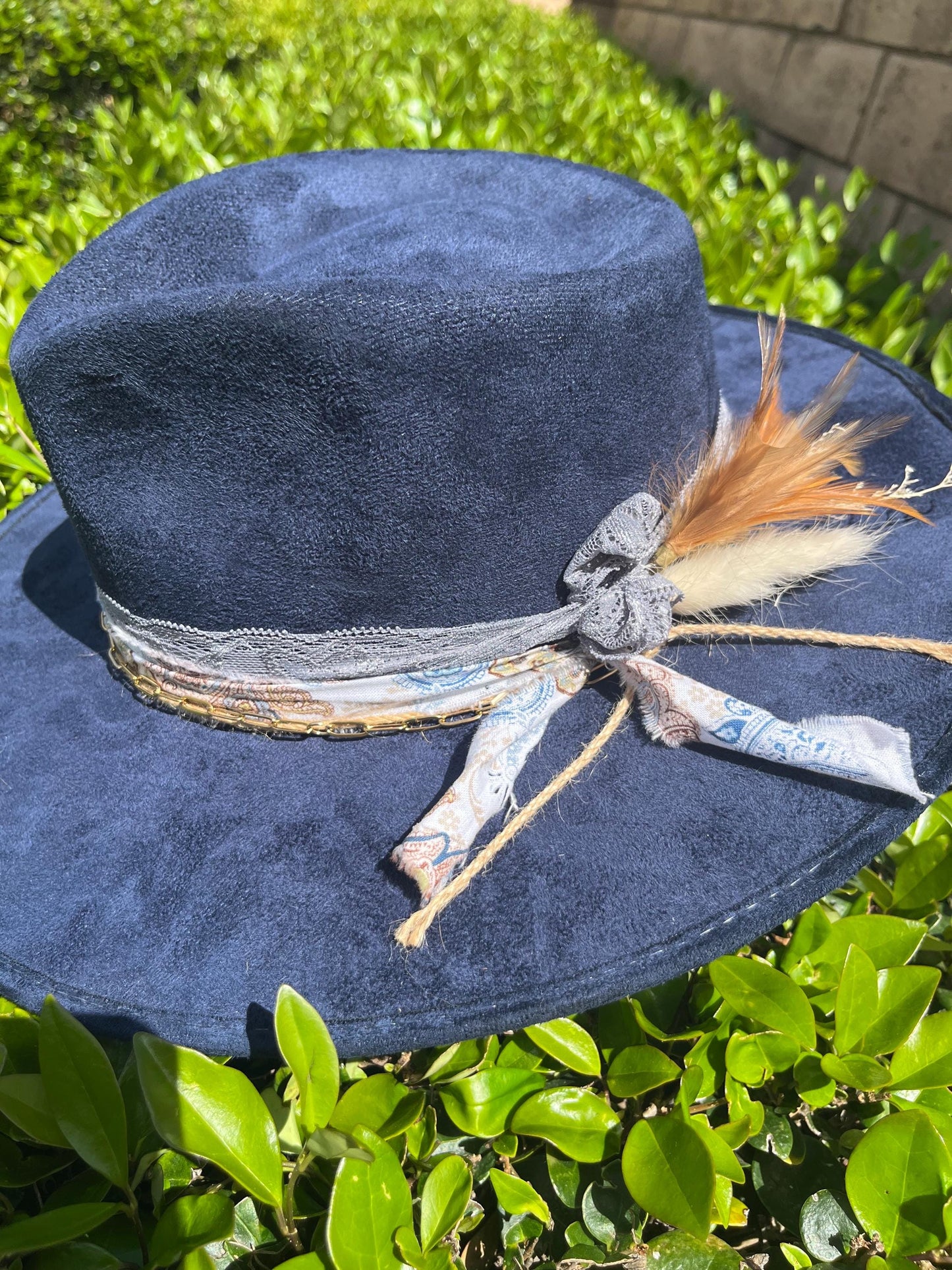 Navy blue suede flat brim western cowboy hat