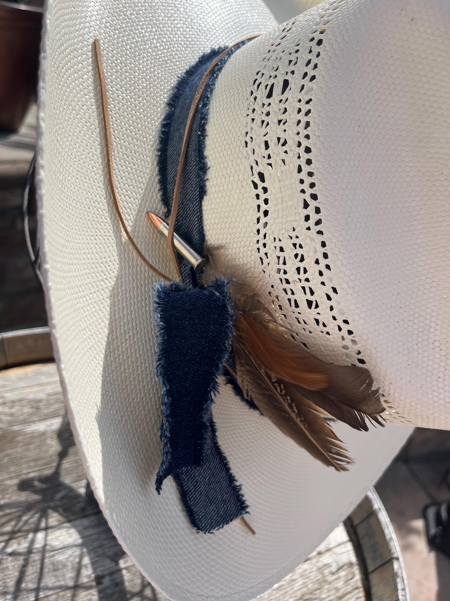 western cowboy hard straw hat with dark blue denim band