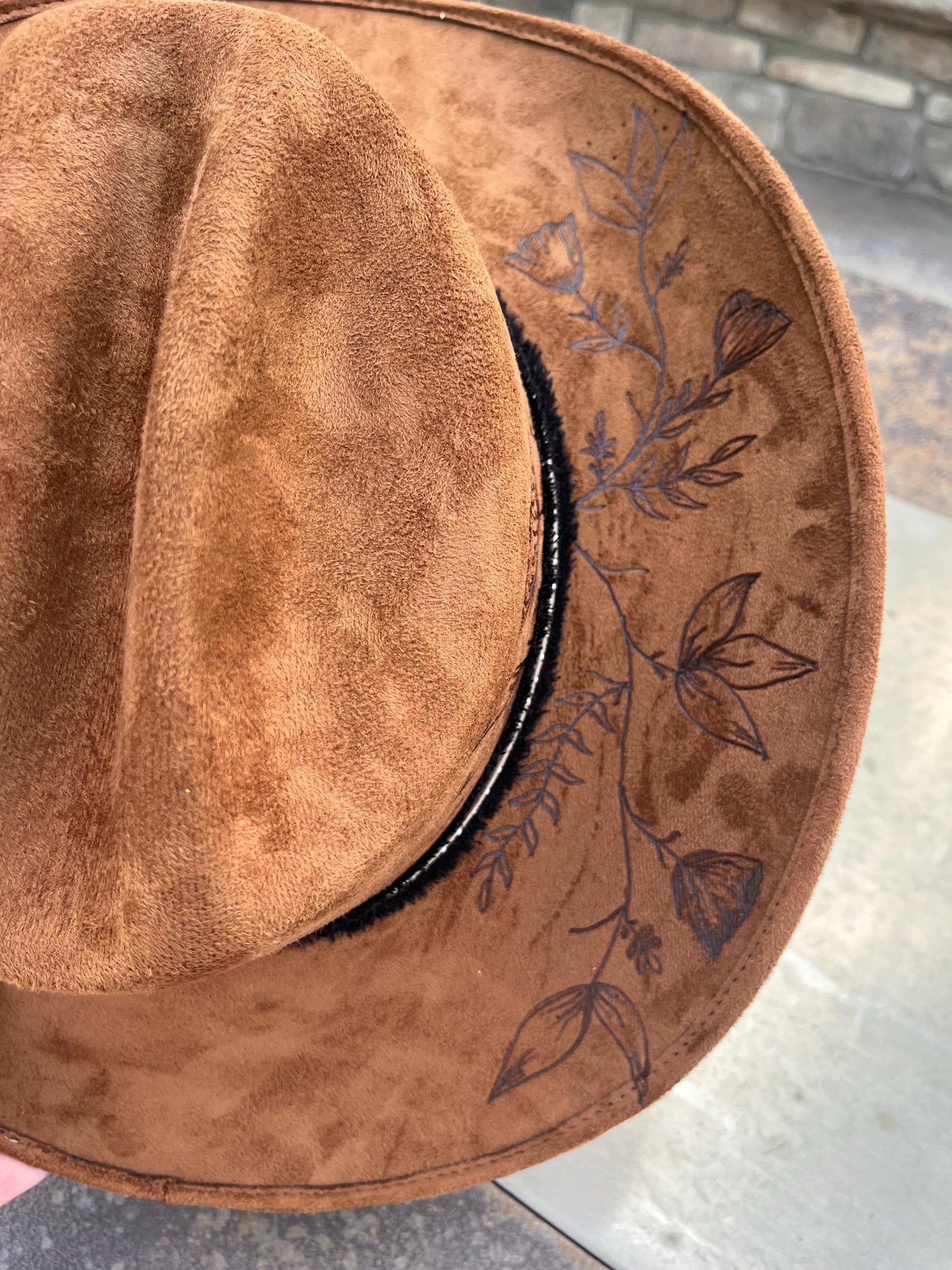 Brown suede hand burned western cowboy hat