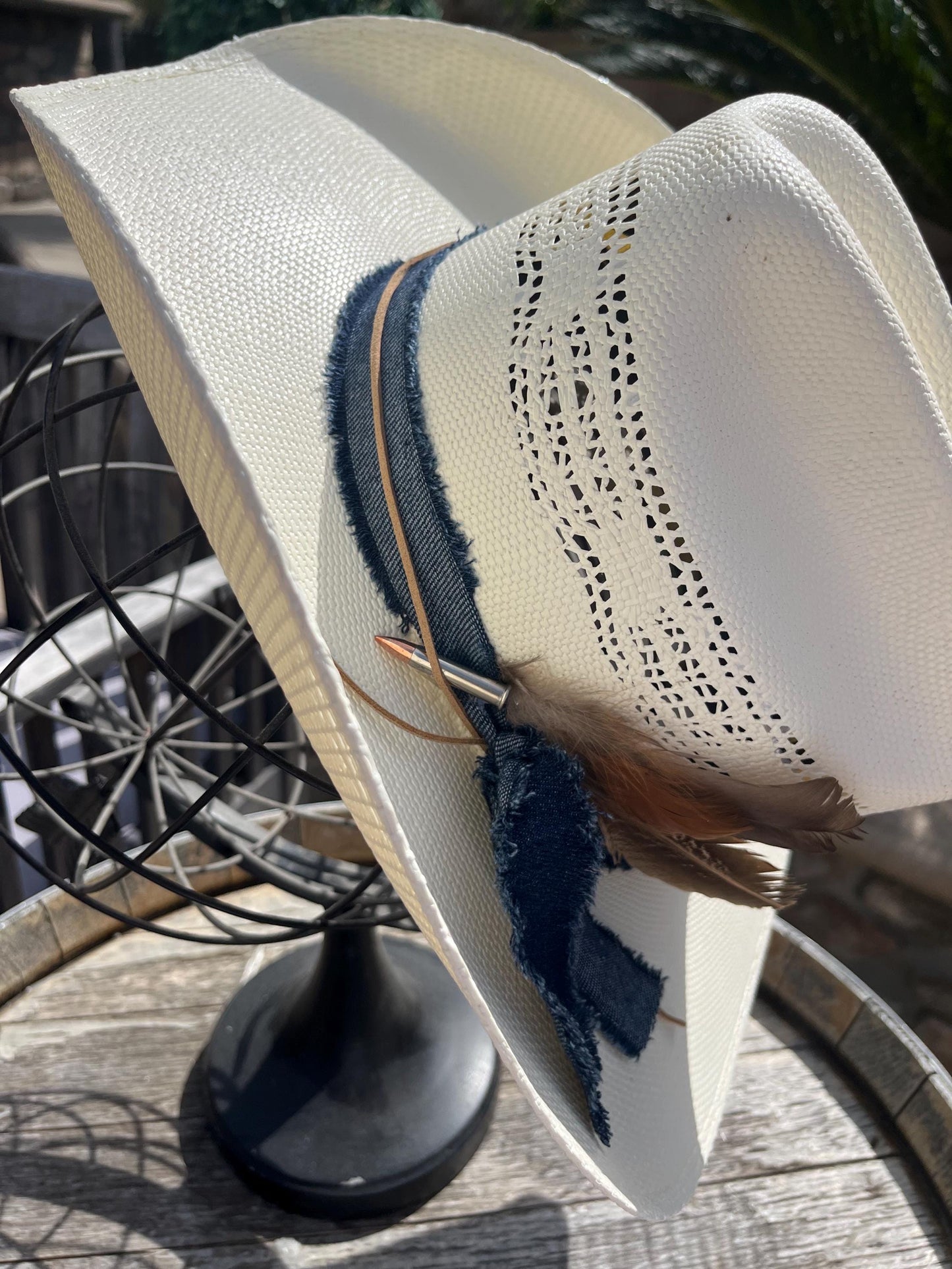 western cowboy hard straw hat with dark blue denim band