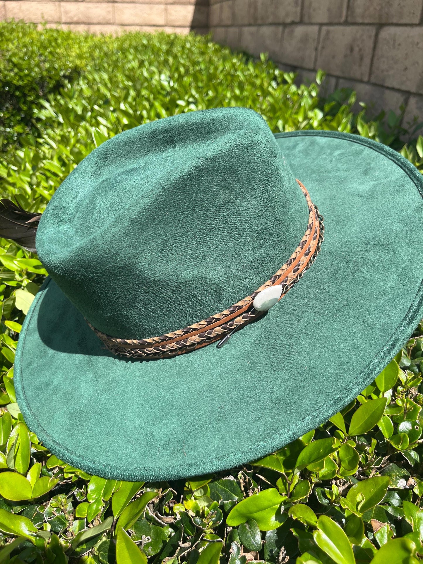 Emerald green branded suede flat brim western cowboy hat
