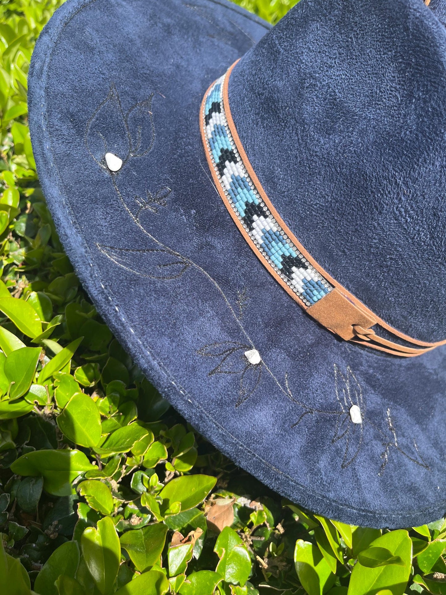Navy blue burned flat brim western cowboy hat
