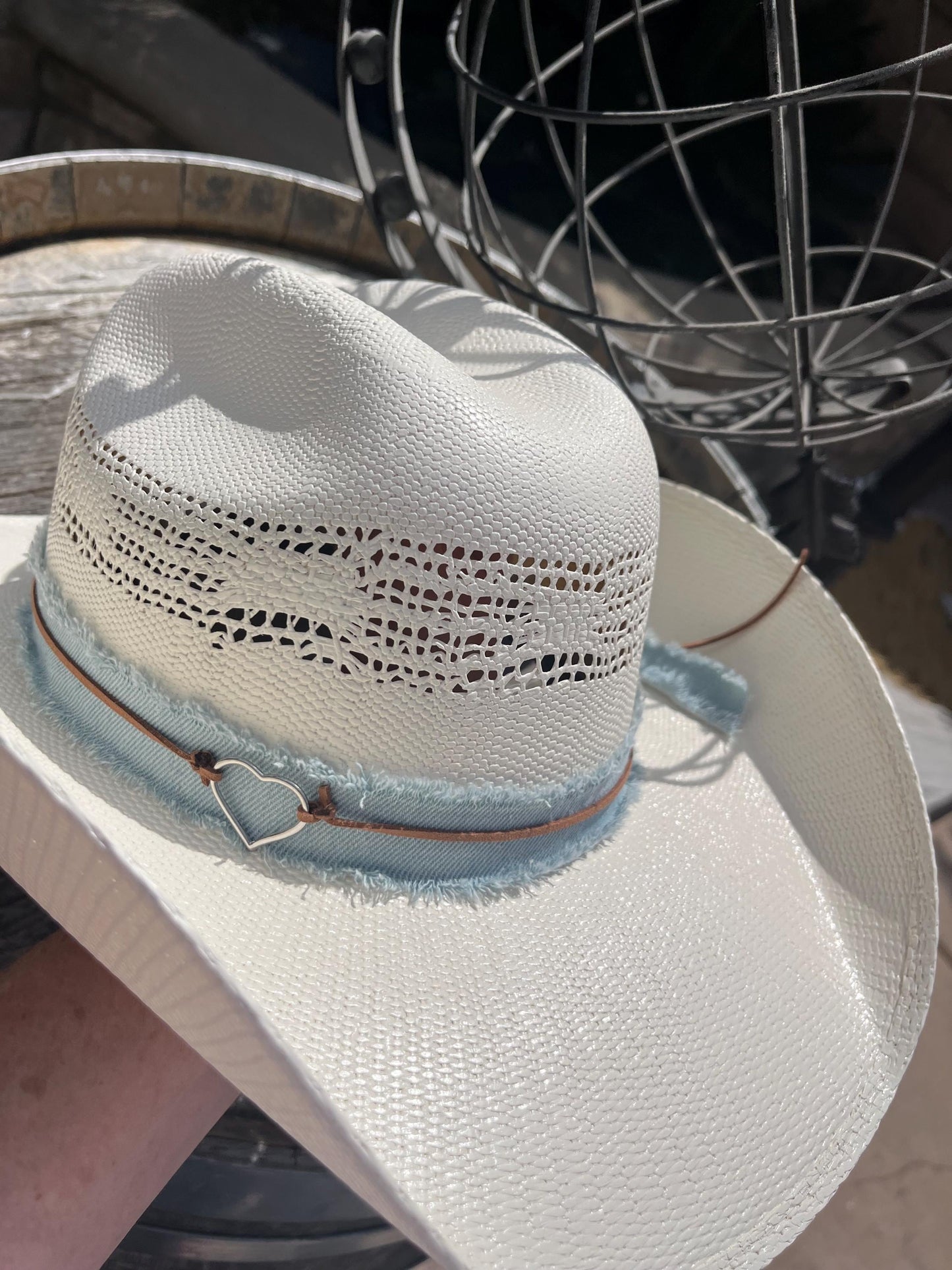 western cowboy hard straw hat with a light blue denim band.