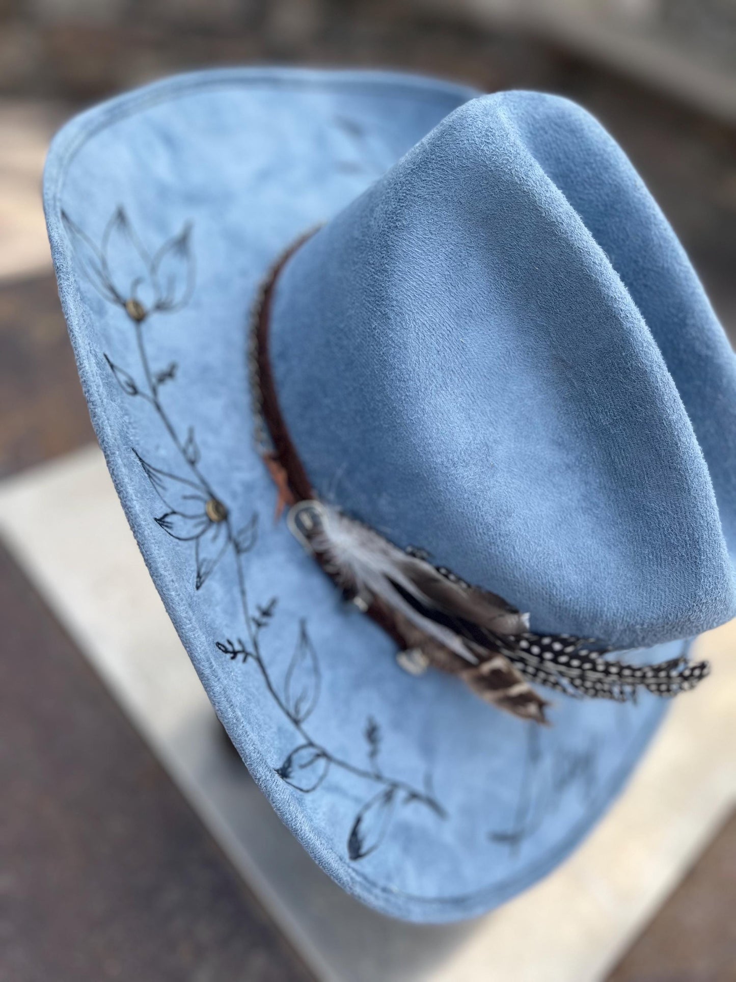 denim blue burned cowboy hat