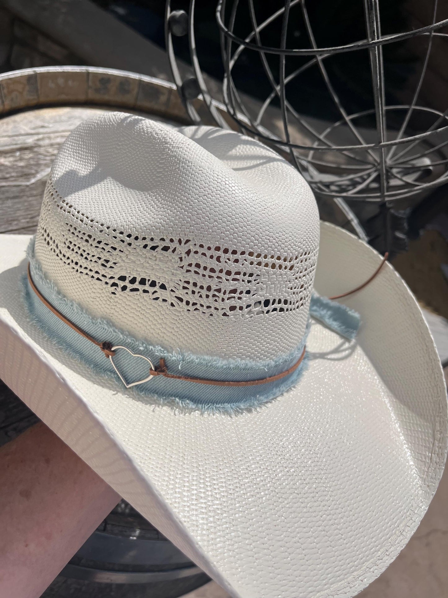 western cowboy hard straw hat with a light blue denim band.
