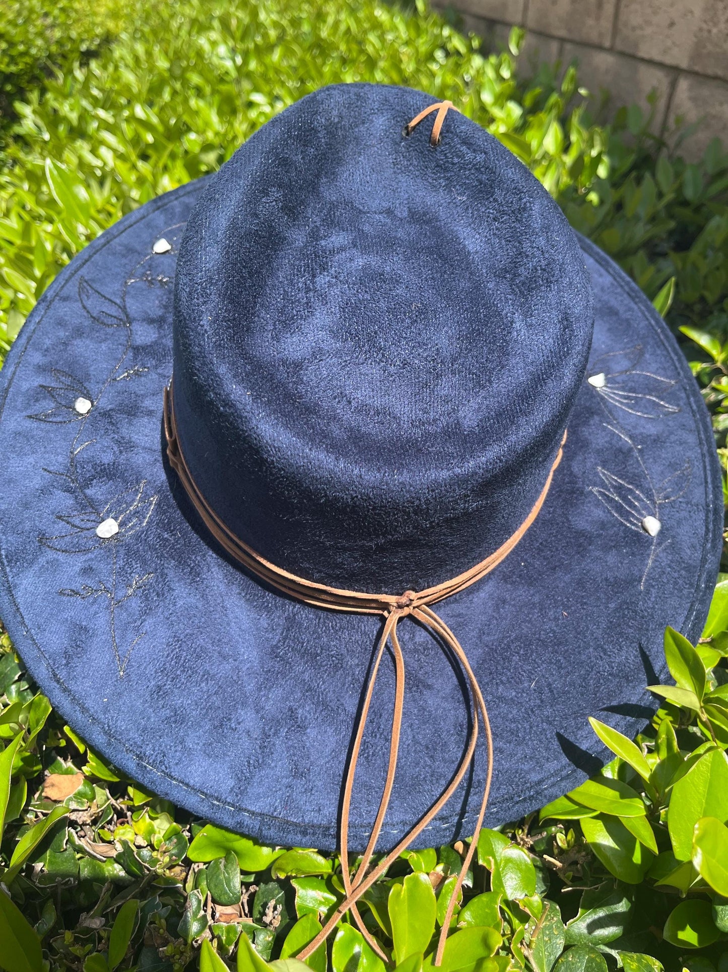Navy blue burned flat brim western cowboy hat