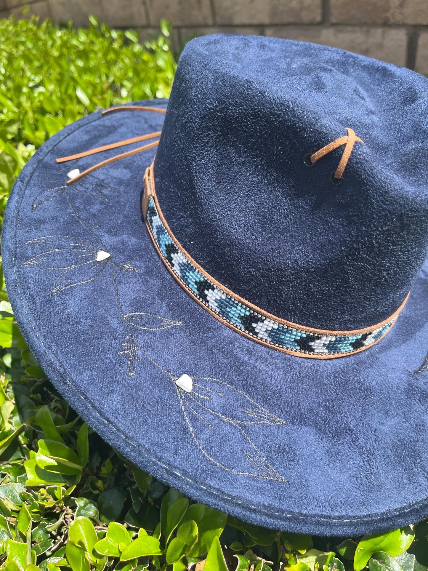 Navy blue burned flat brim western cowboy hat