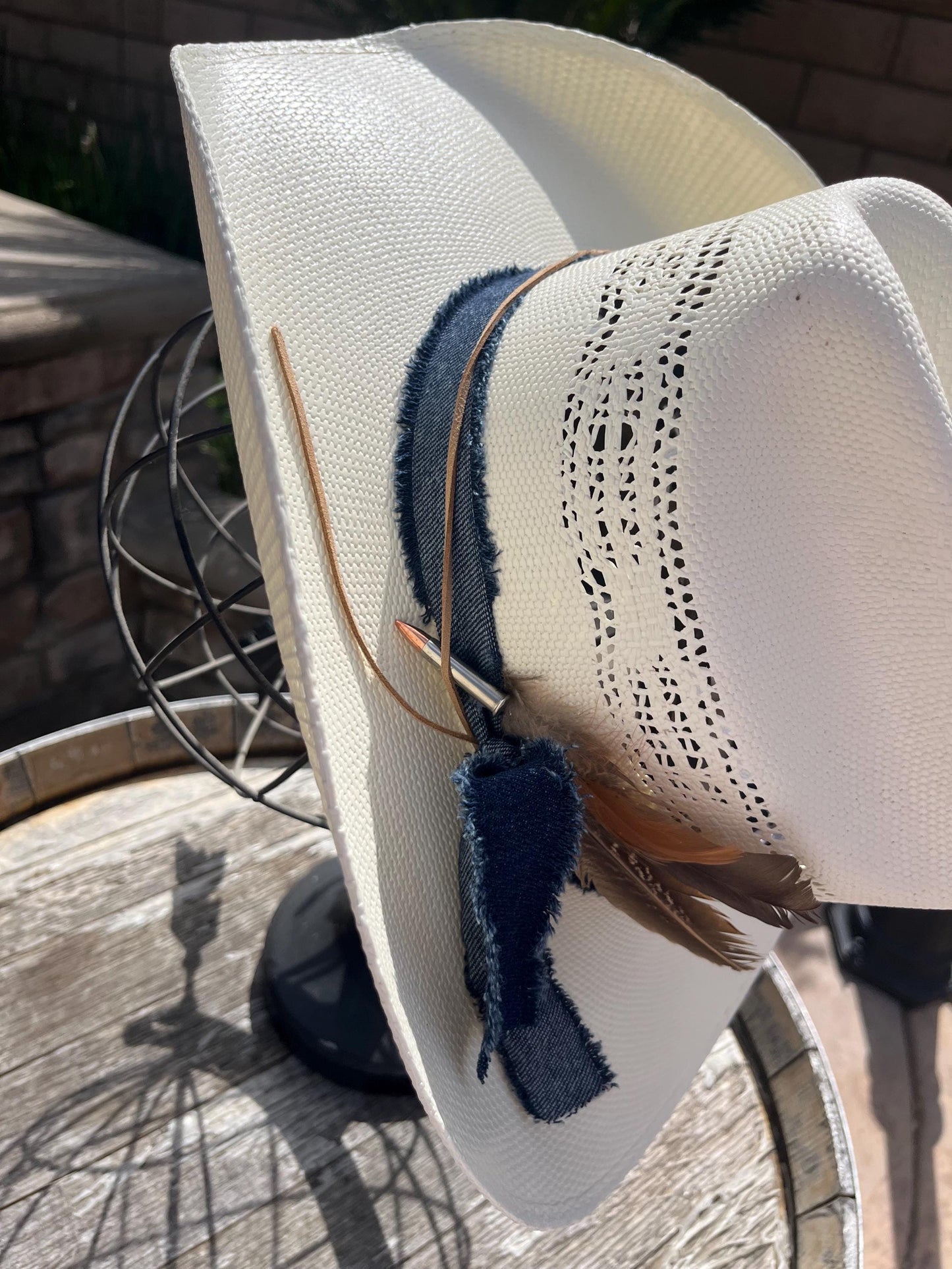 western cowboy hard straw hat with dark blue denim band