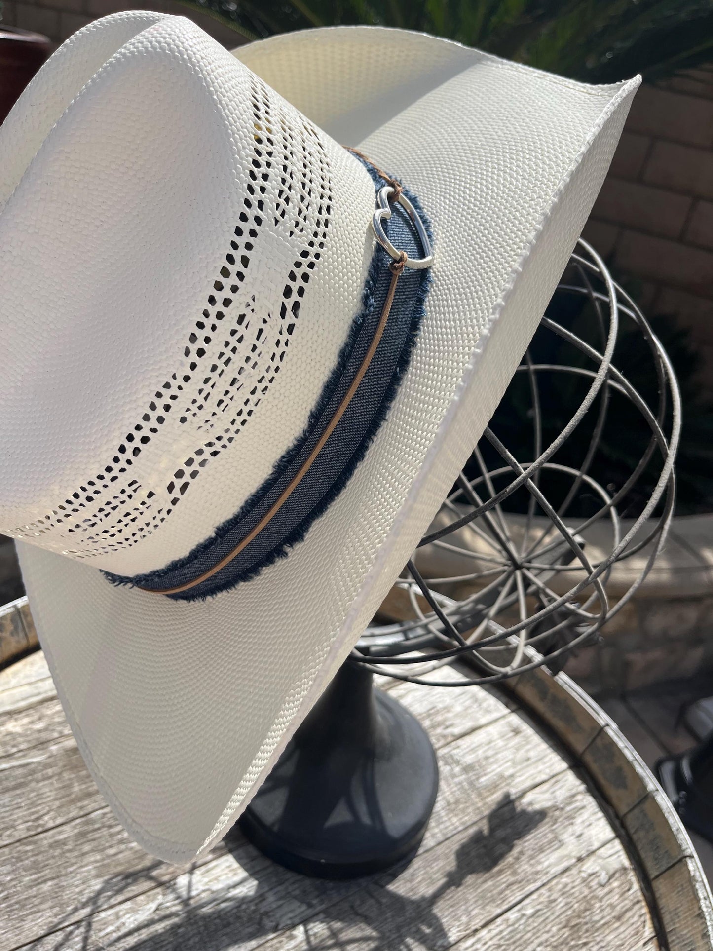 western cowboy hard straw hat with dark blue denim band