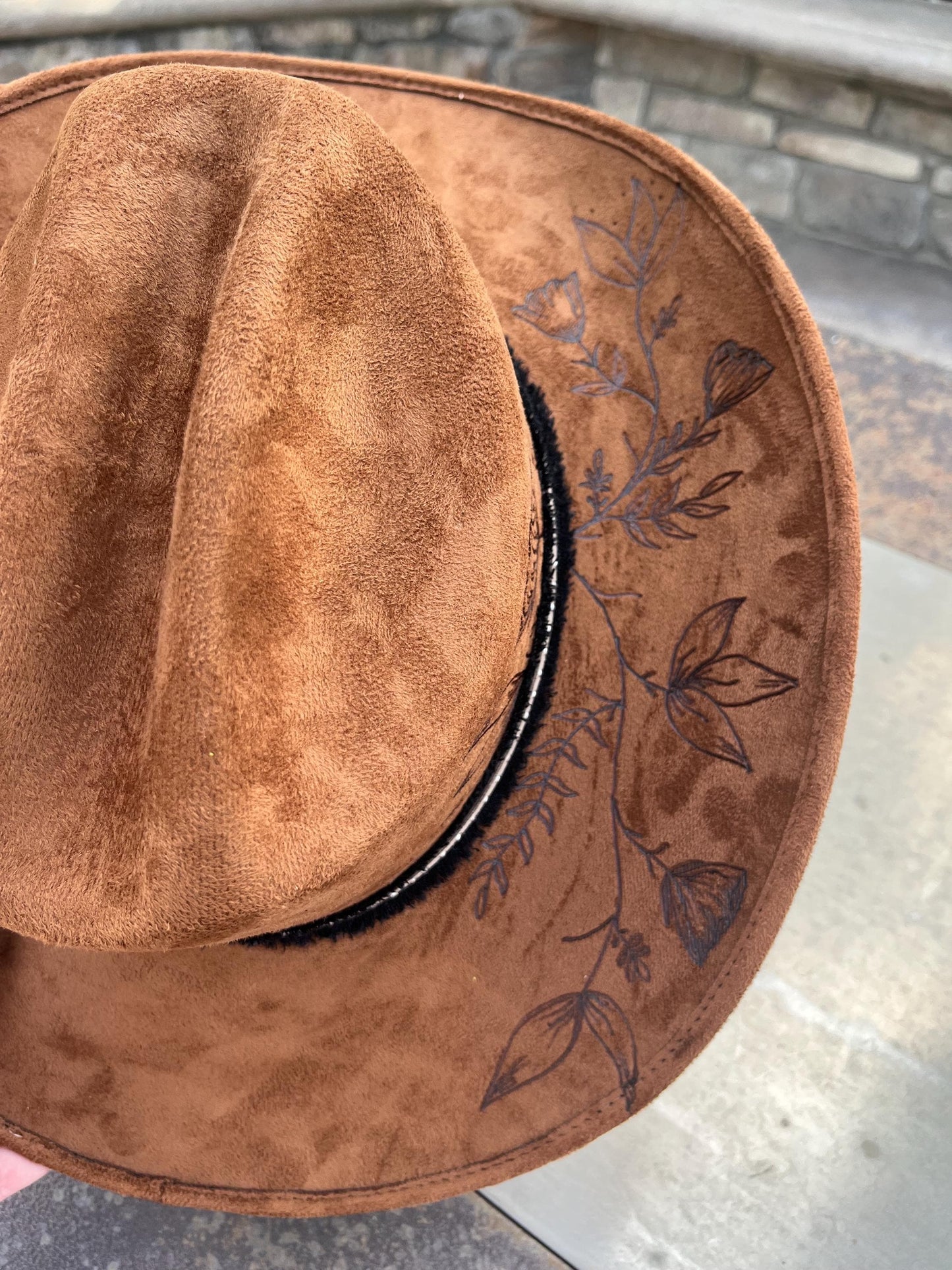 Brown suede hand burned western cowboy hat