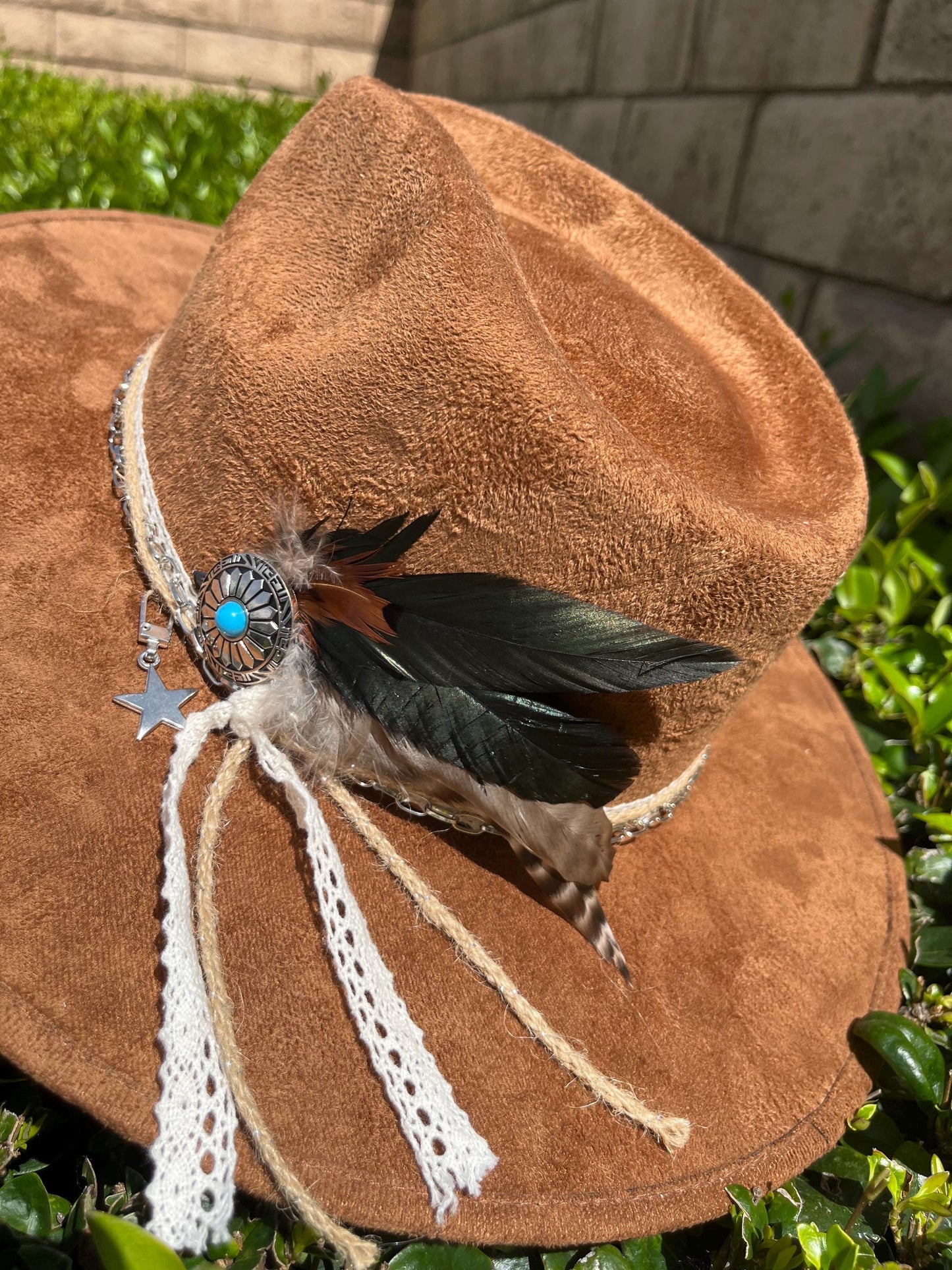 Tobacco brown suede flat brim western cowboy hat