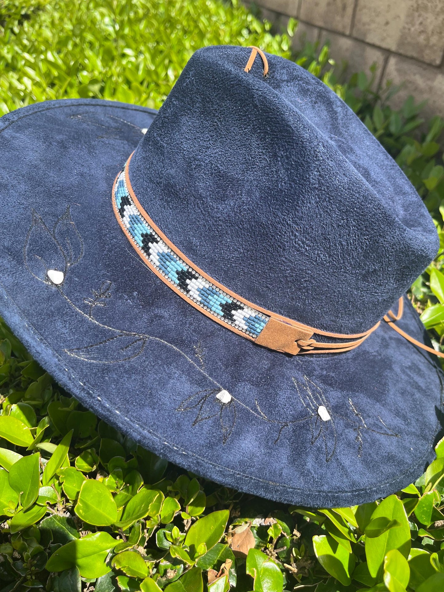 Navy blue burned flat brim western cowboy hat