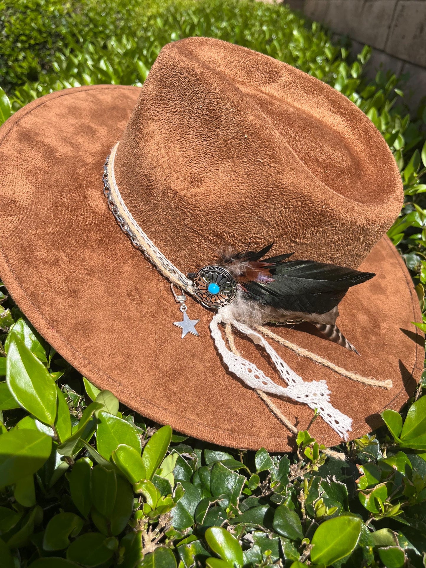 Tobacco brown suede flat brim western cowboy hat
