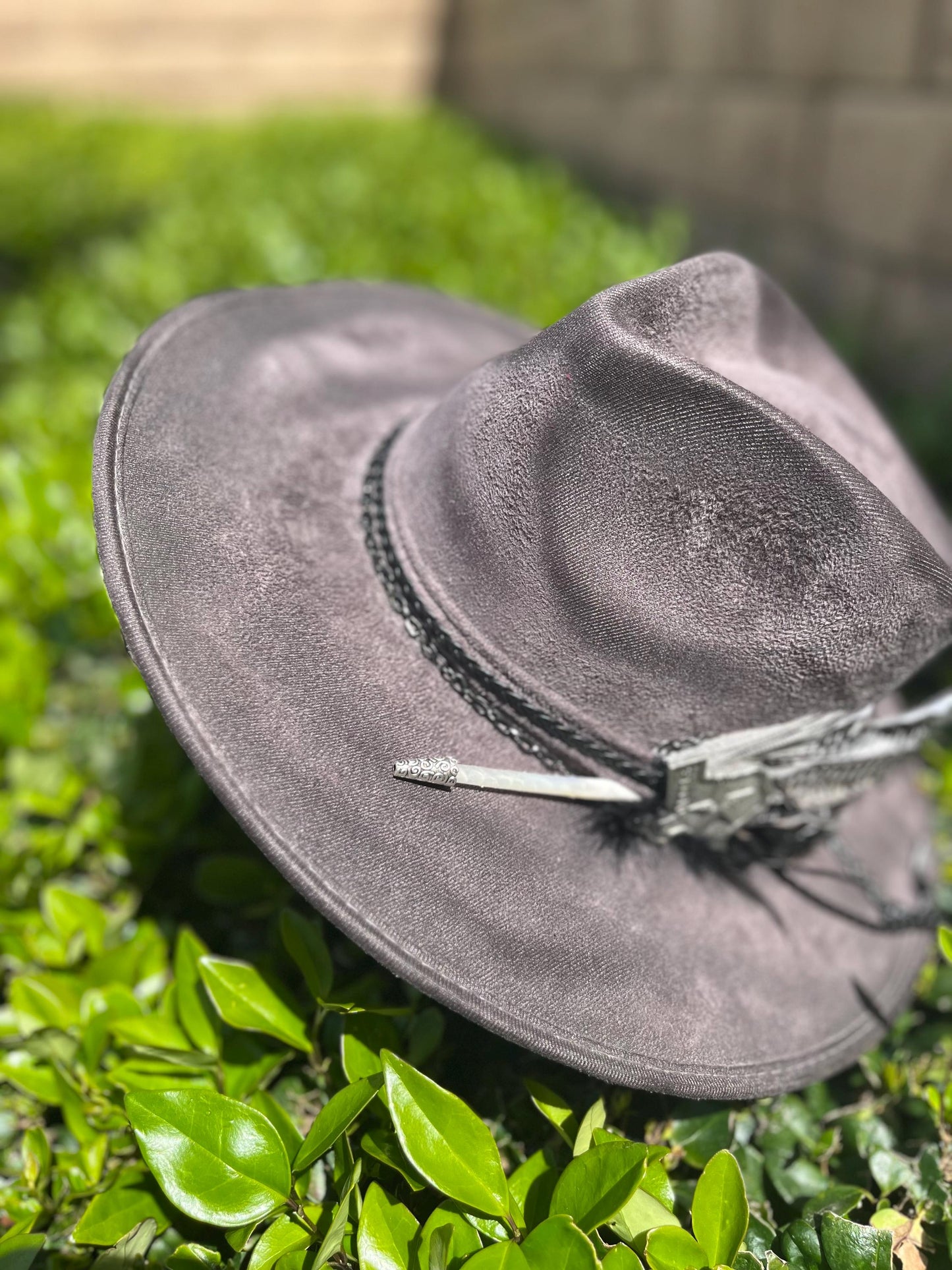 Grey suede hand burned pretty little poison flat brim western cowboy hat