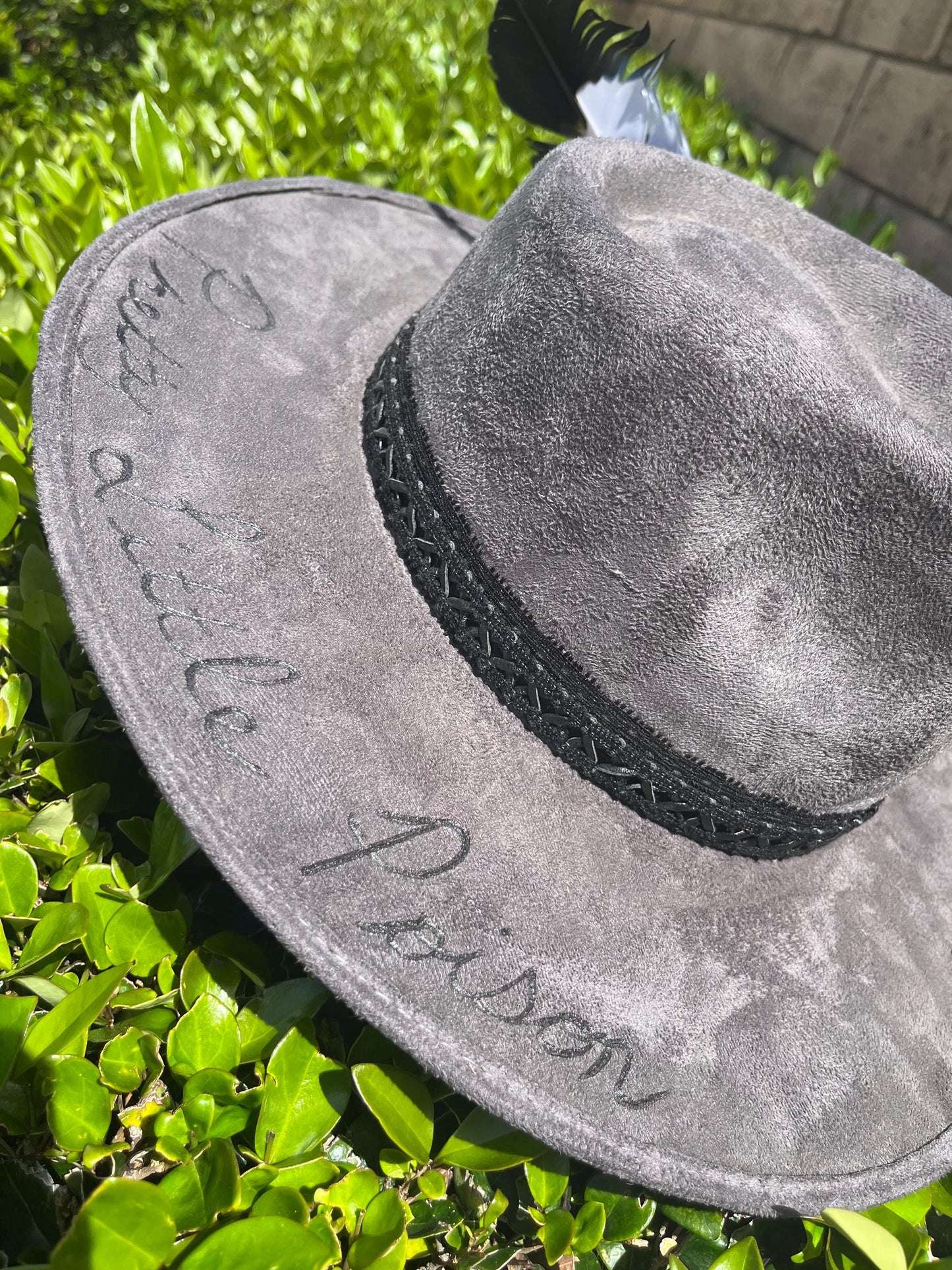 Grey suede hand burned pretty little poison flat brim western cowboy hat