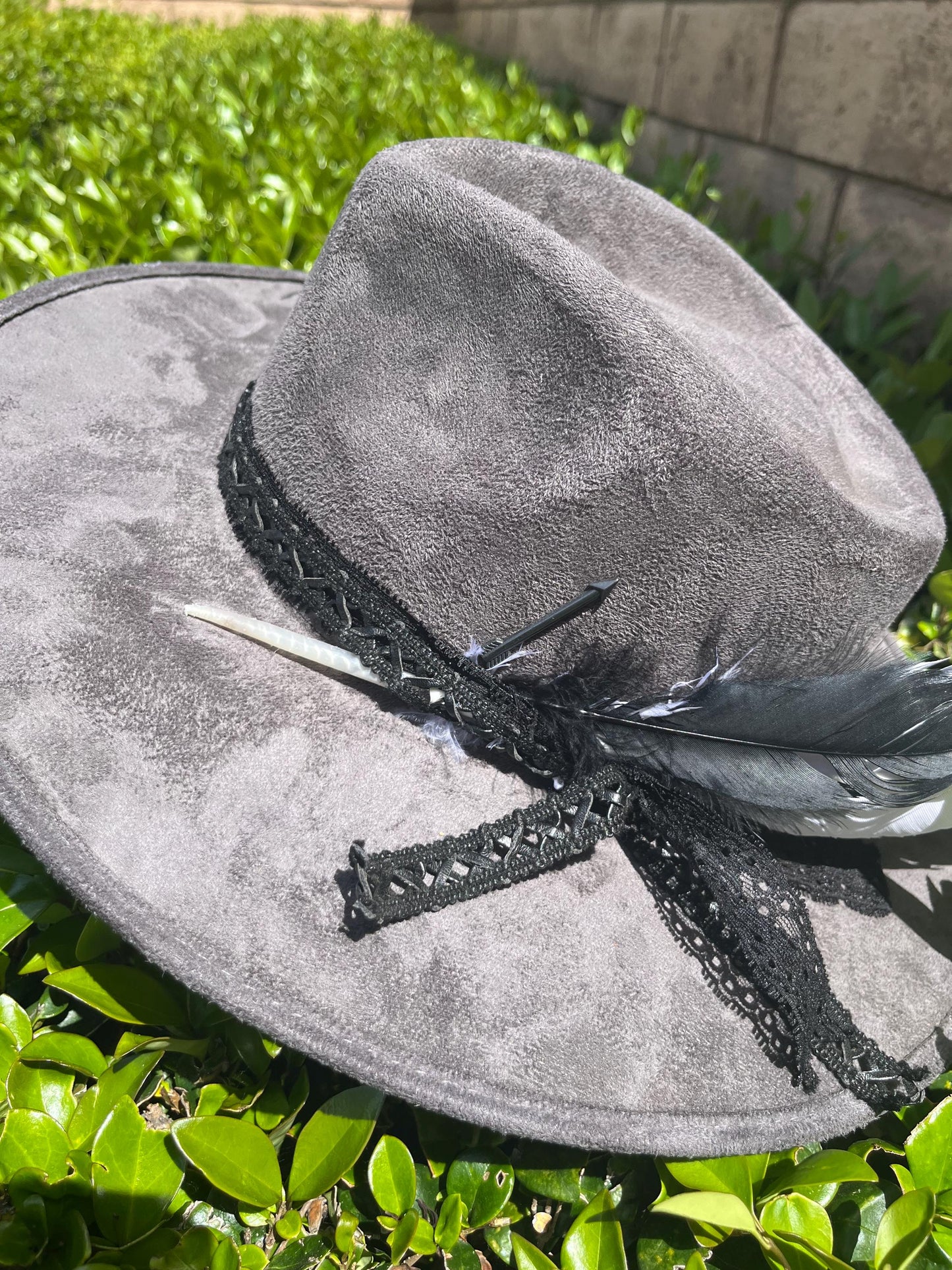 Grey suede hand burned pretty little poison flat brim western cowboy hat