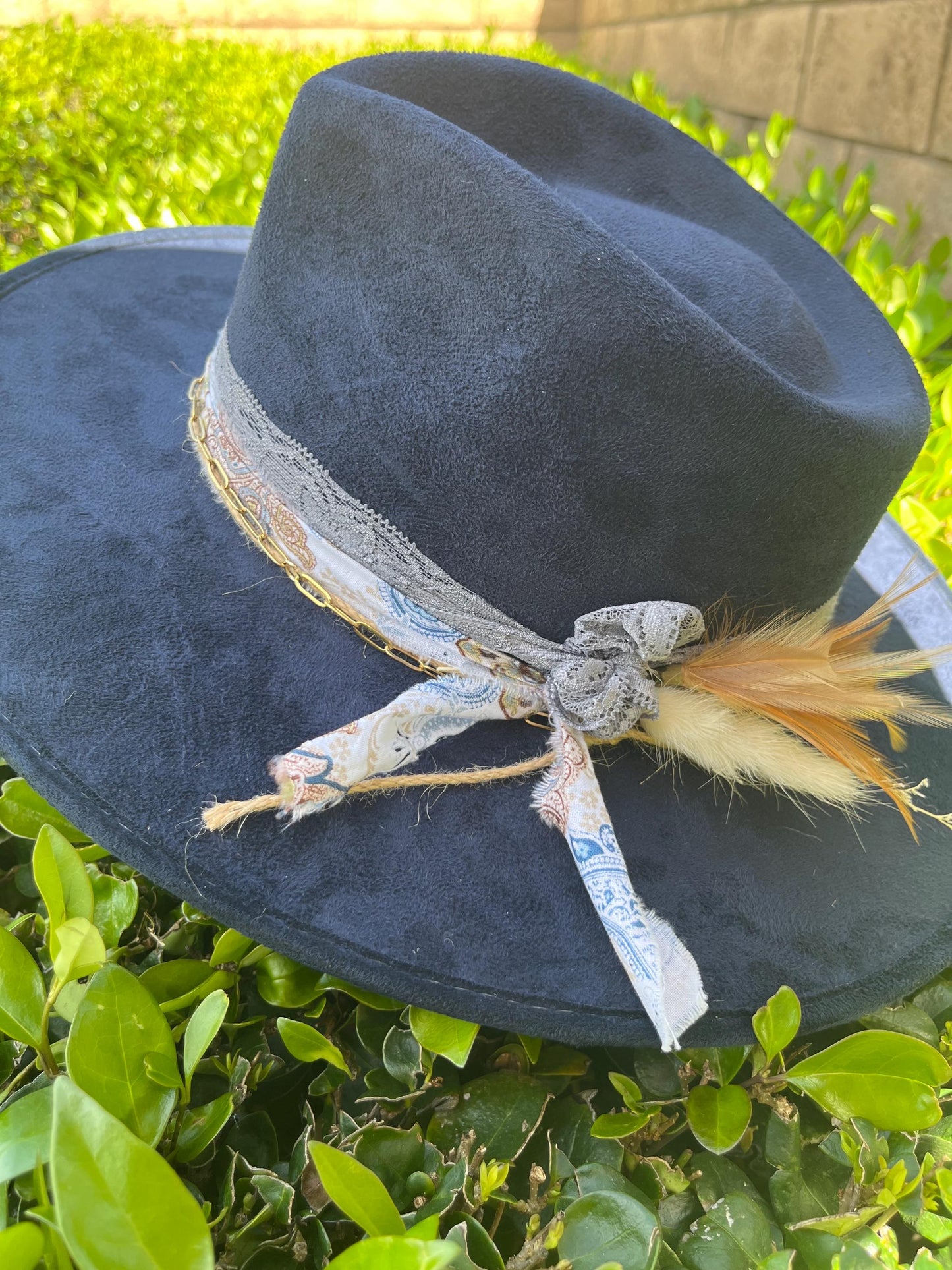 Navy blue suede flat brim western cowboy hat