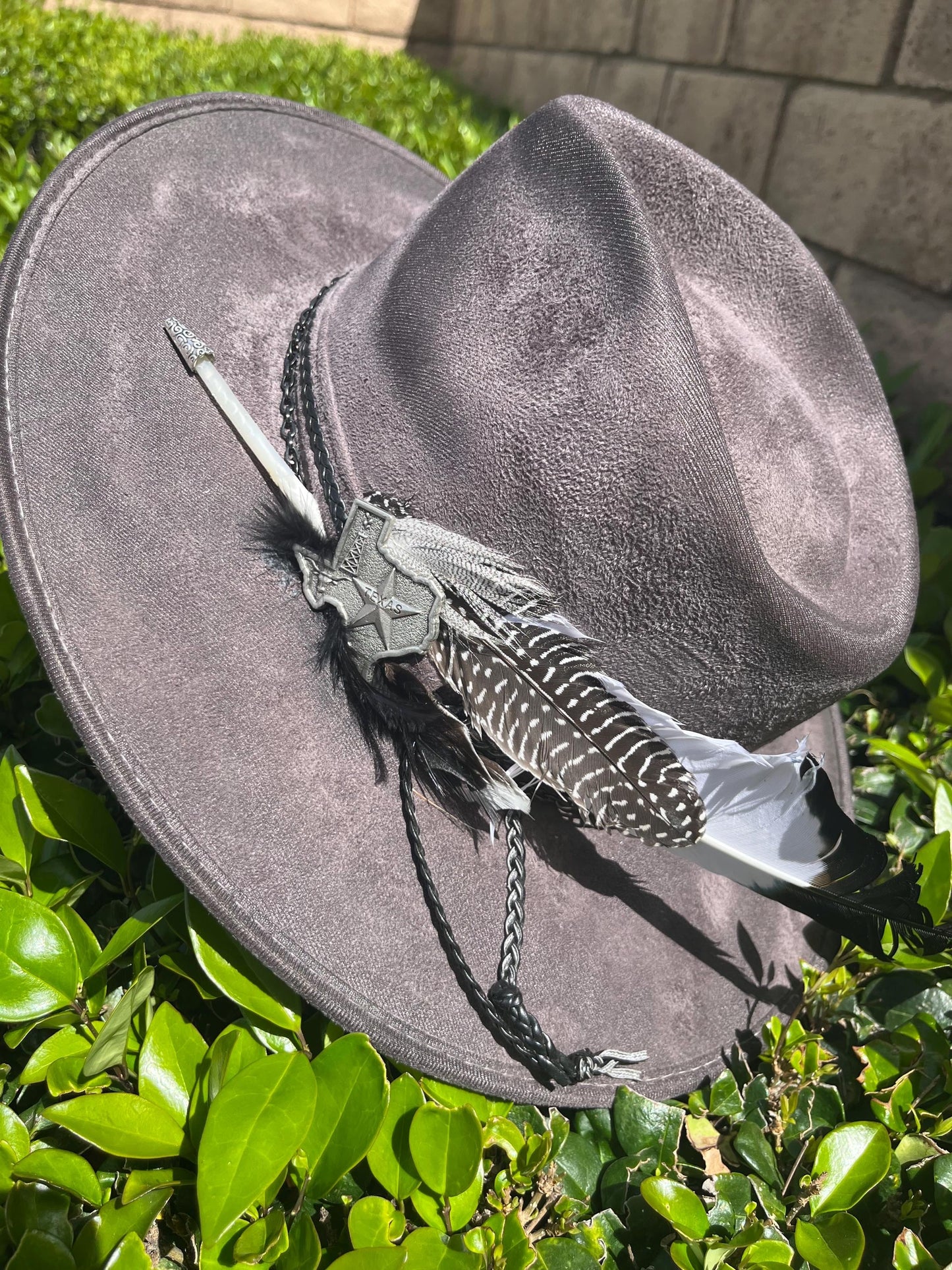 Grey suede hand burned pretty little poison flat brim western cowboy hat