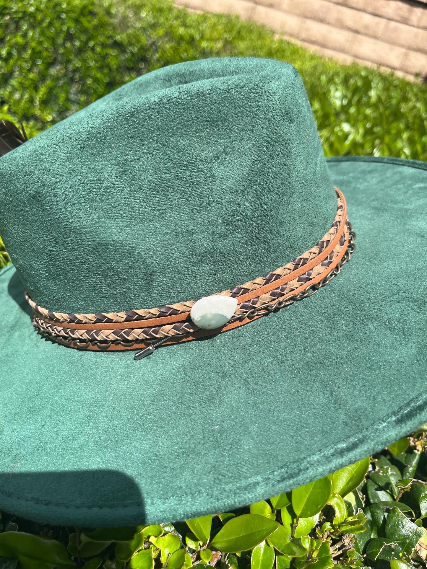 Emerald green branded suede flat brim western cowboy hat