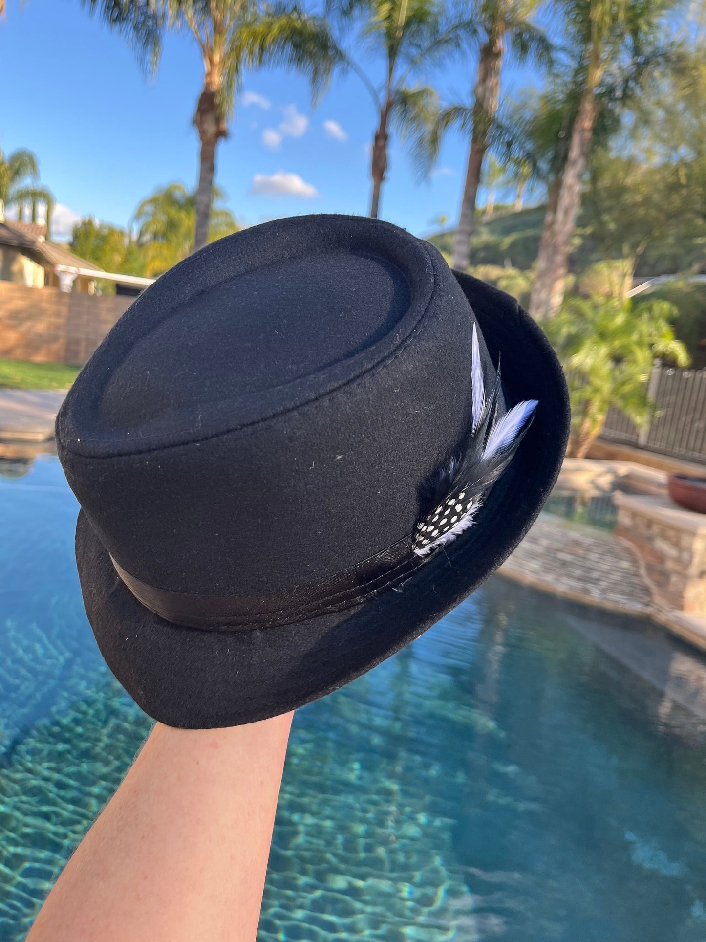 Men’s/unisex black fedora satin band with red, black, and white feather