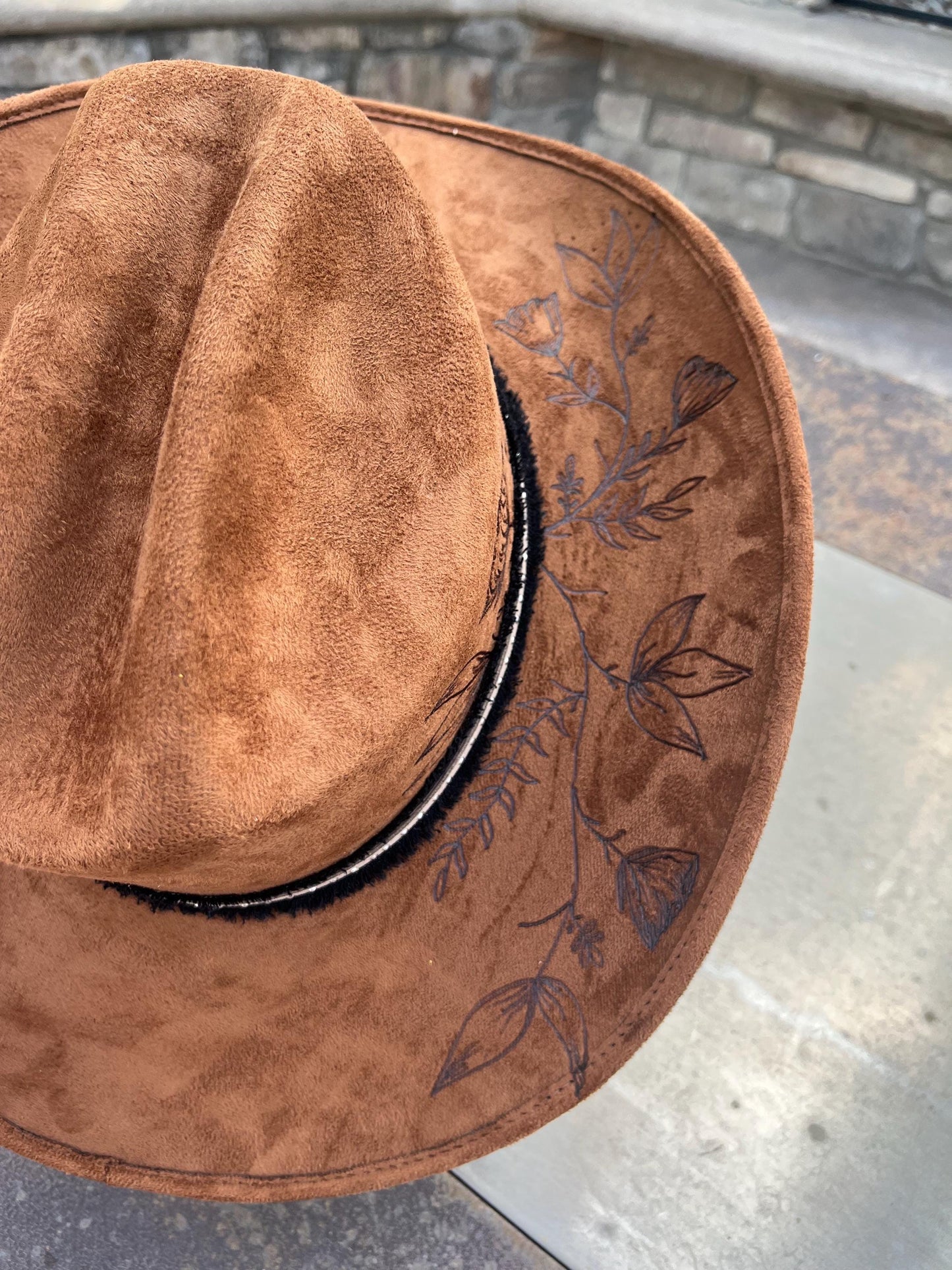 Brown suede hand burned western cowboy hat