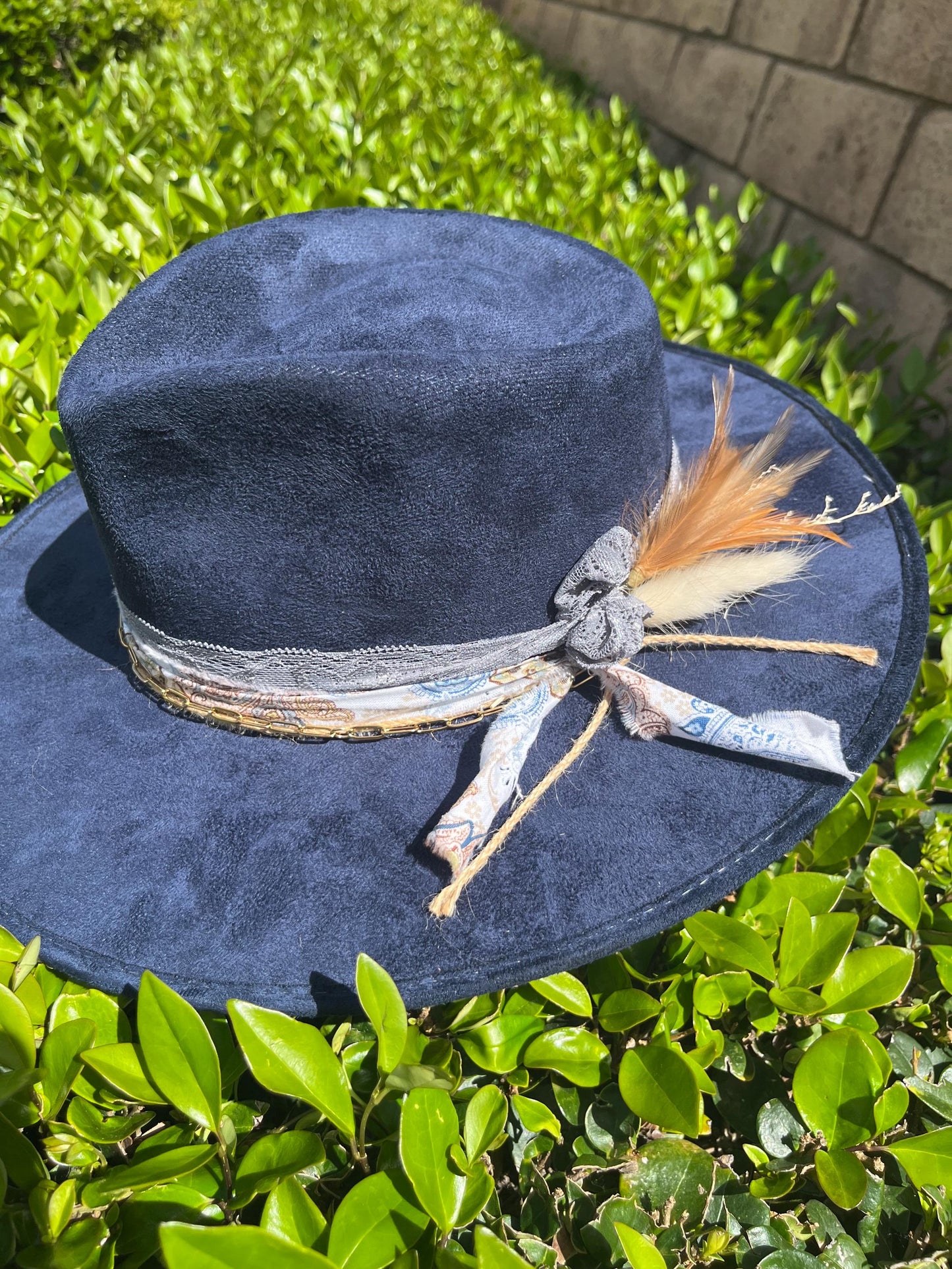 Navy blue suede flat brim western cowboy hat