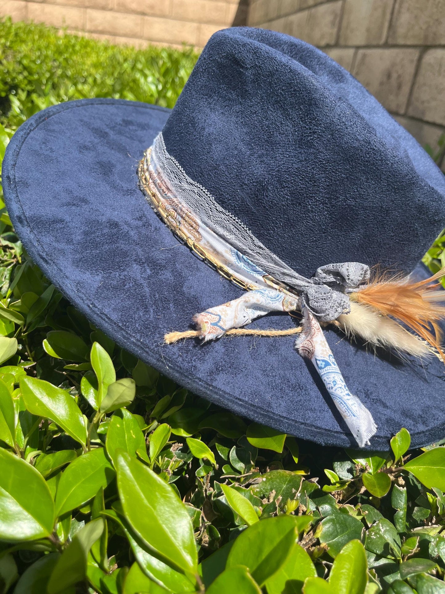 Navy blue suede flat brim western cowboy hat