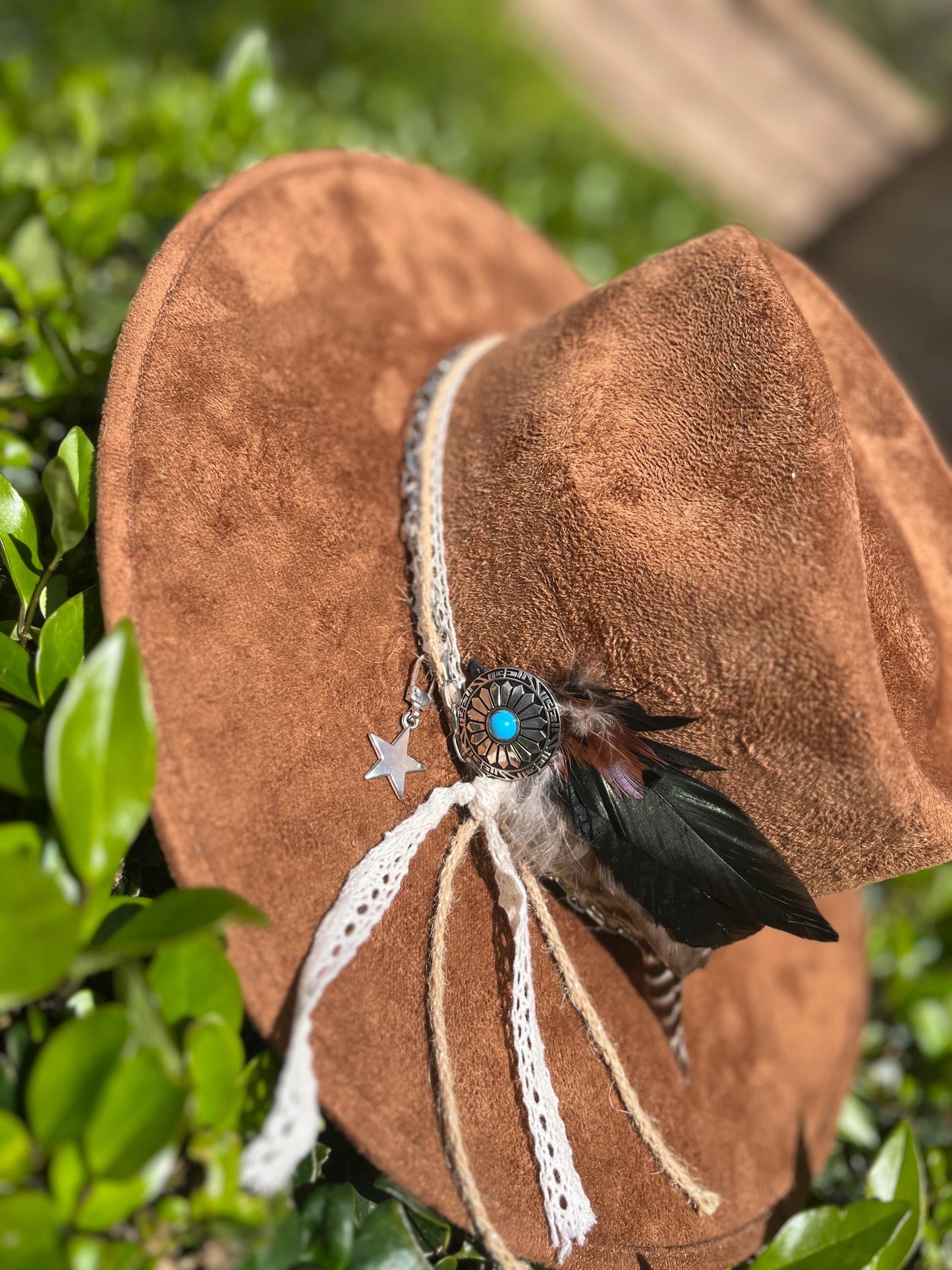 Tobacco brown suede flat brim western cowboy hat