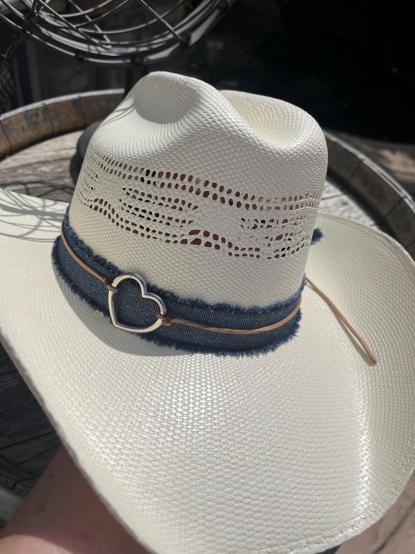 western cowboy hard straw hat with dark blue denim band