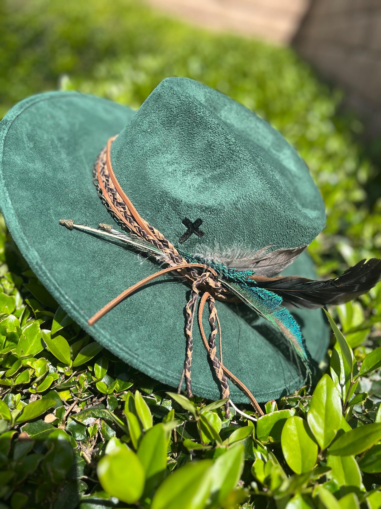 Emerald green branded suede flat brim western cowboy hat