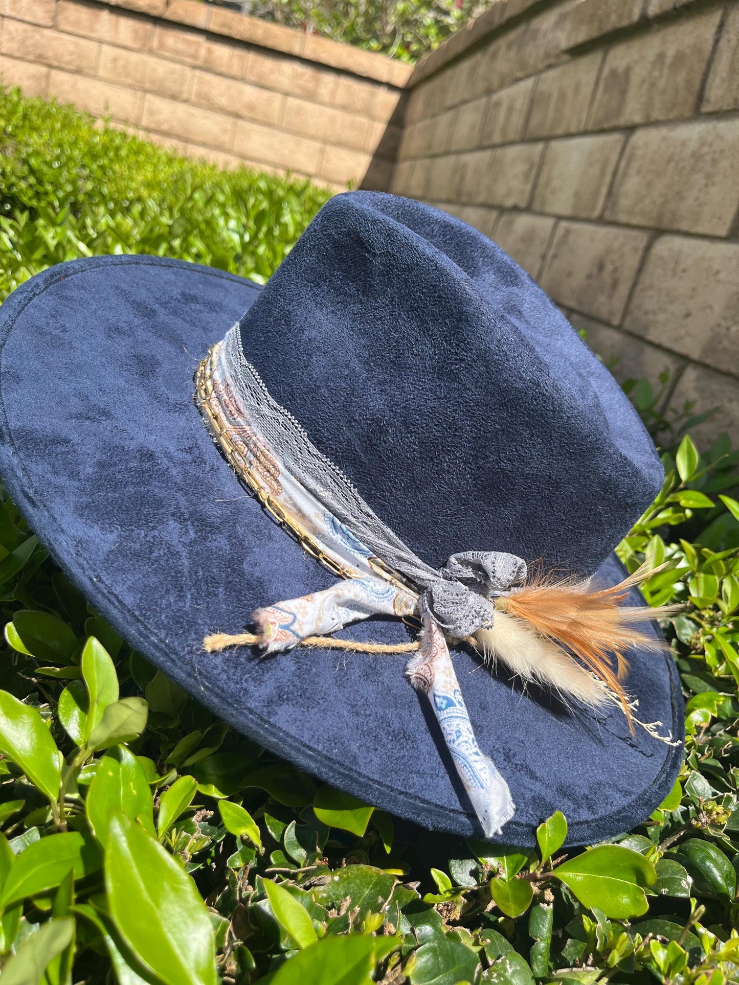 Navy blue suede flat brim western cowboy hat