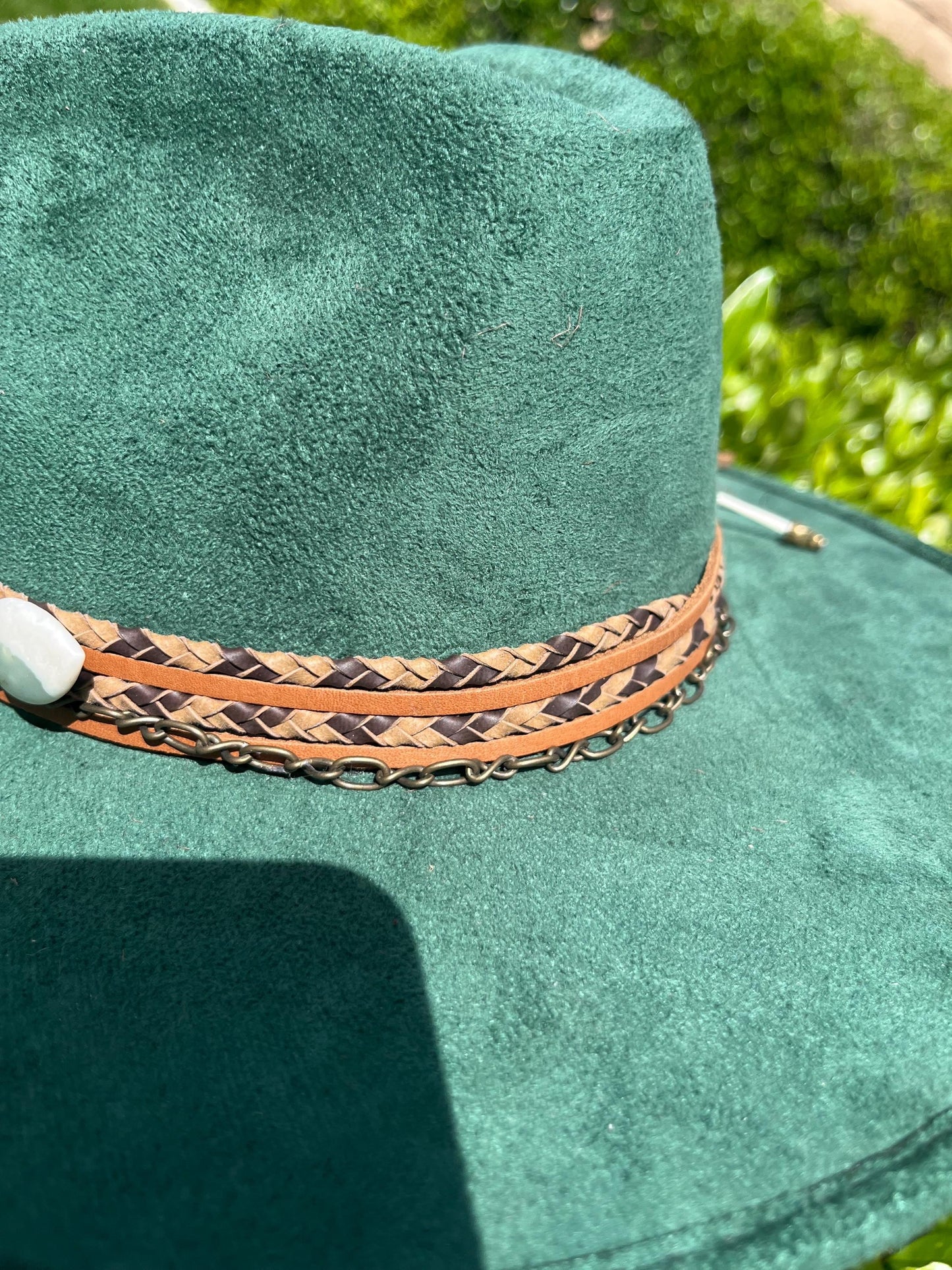 Emerald green branded suede flat brim western cowboy hat
