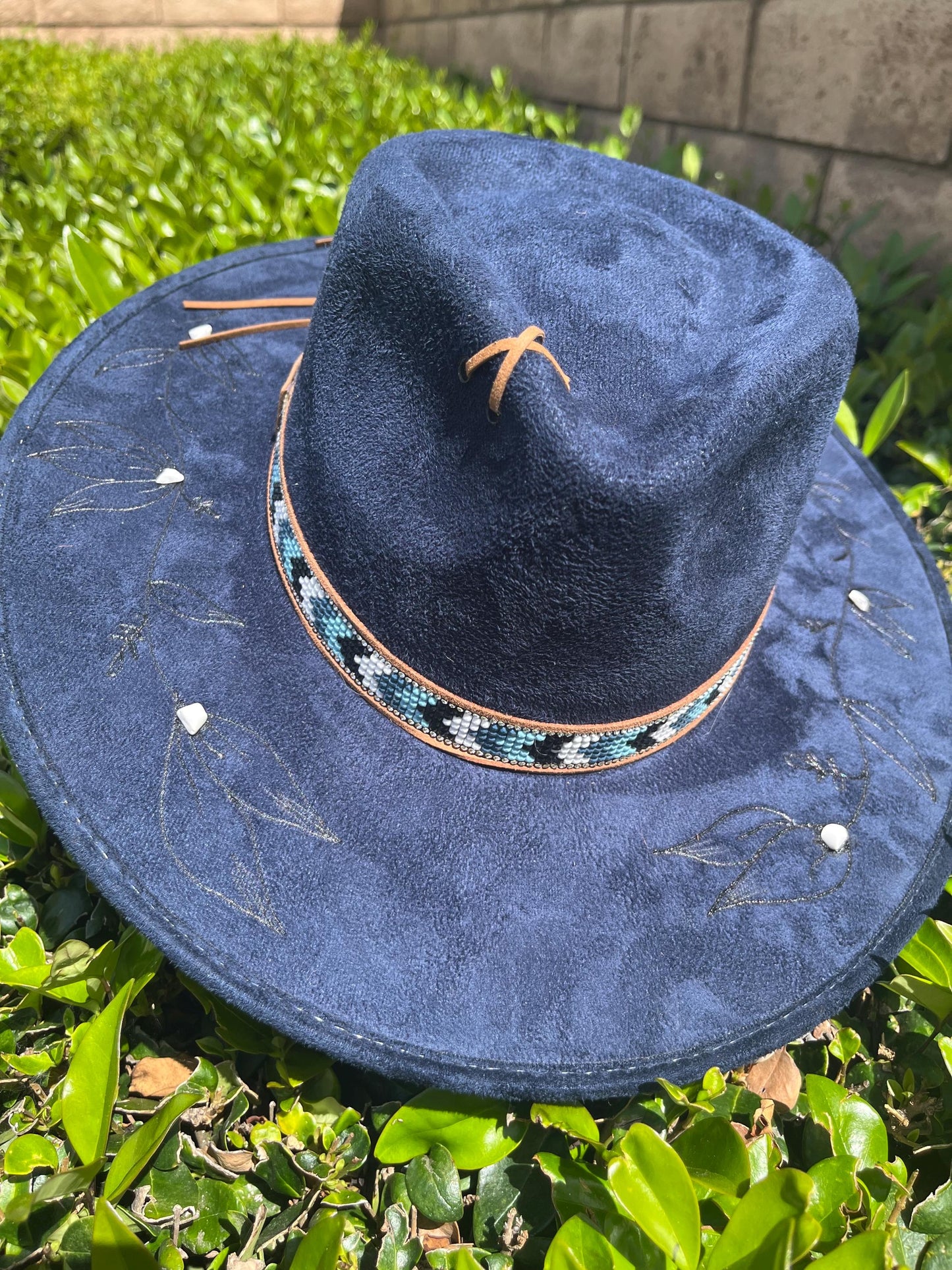 Navy blue burned flat brim western cowboy hat