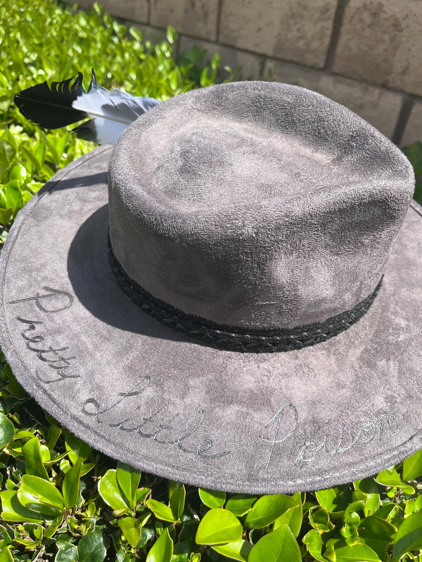 Grey suede hand burned pretty little poison flat brim western cowboy hat