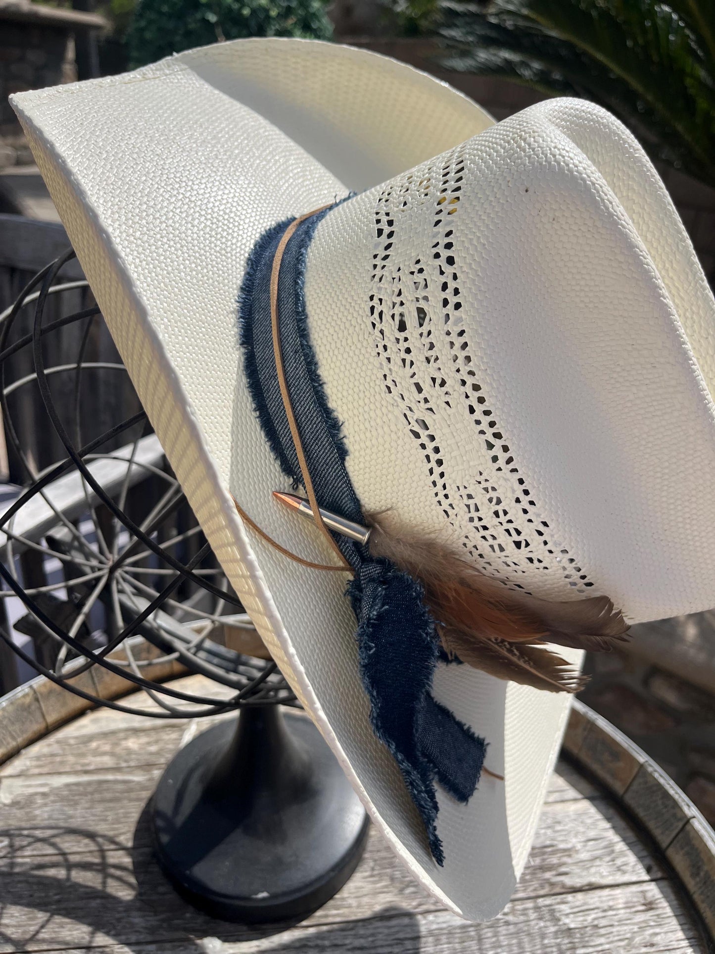 western cowboy hard straw hat with dark blue denim band