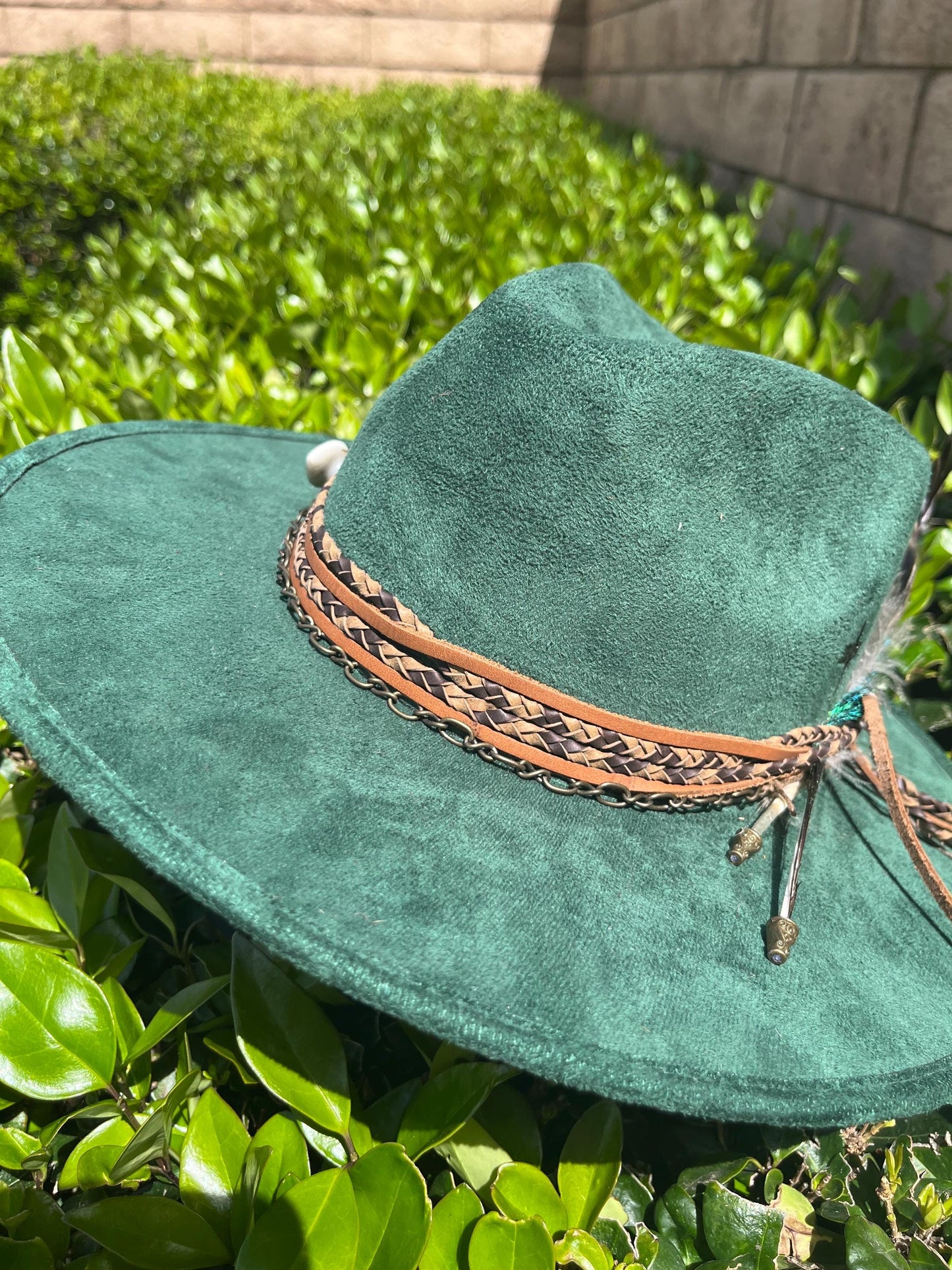 Emerald green branded suede flat brim western cowboy hat