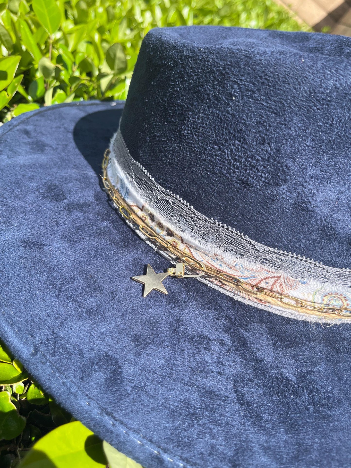 Navy blue suede flat brim western cowboy hat