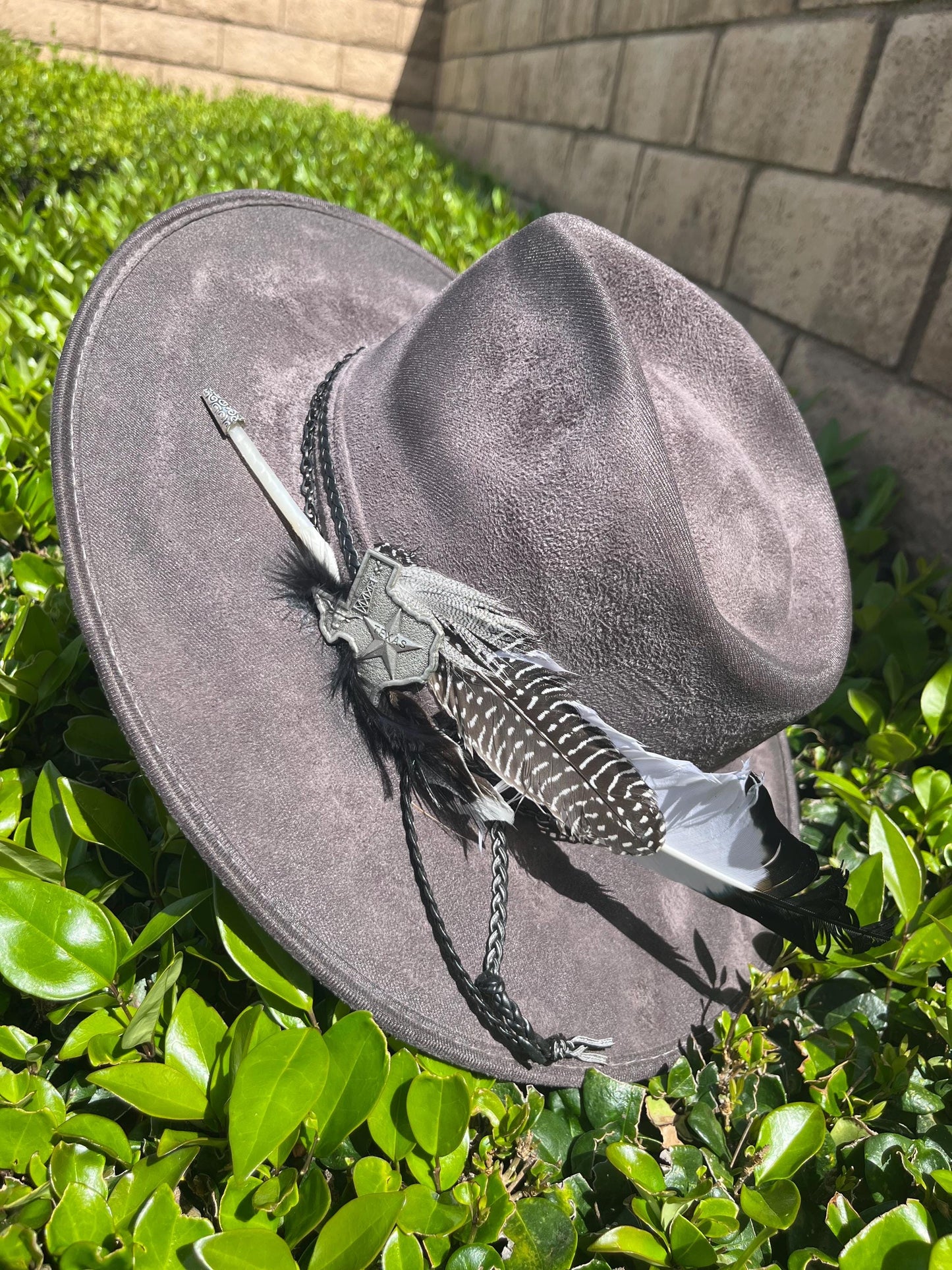 Grey suede hand burned pretty little poison flat brim western cowboy hat