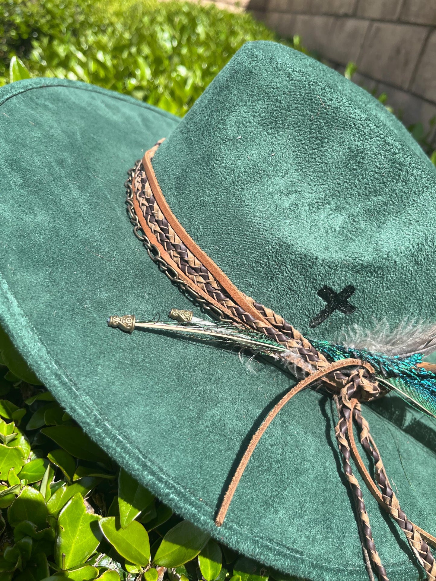 Emerald green branded suede flat brim western cowboy hat