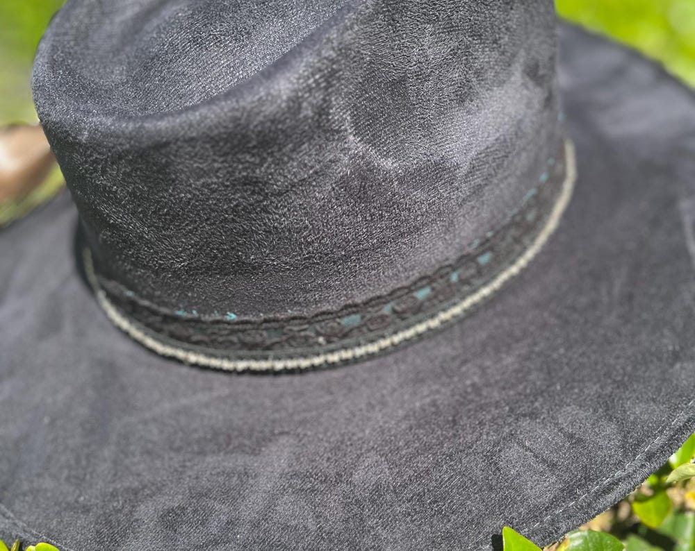 Black suede flat brim western cowboy hat